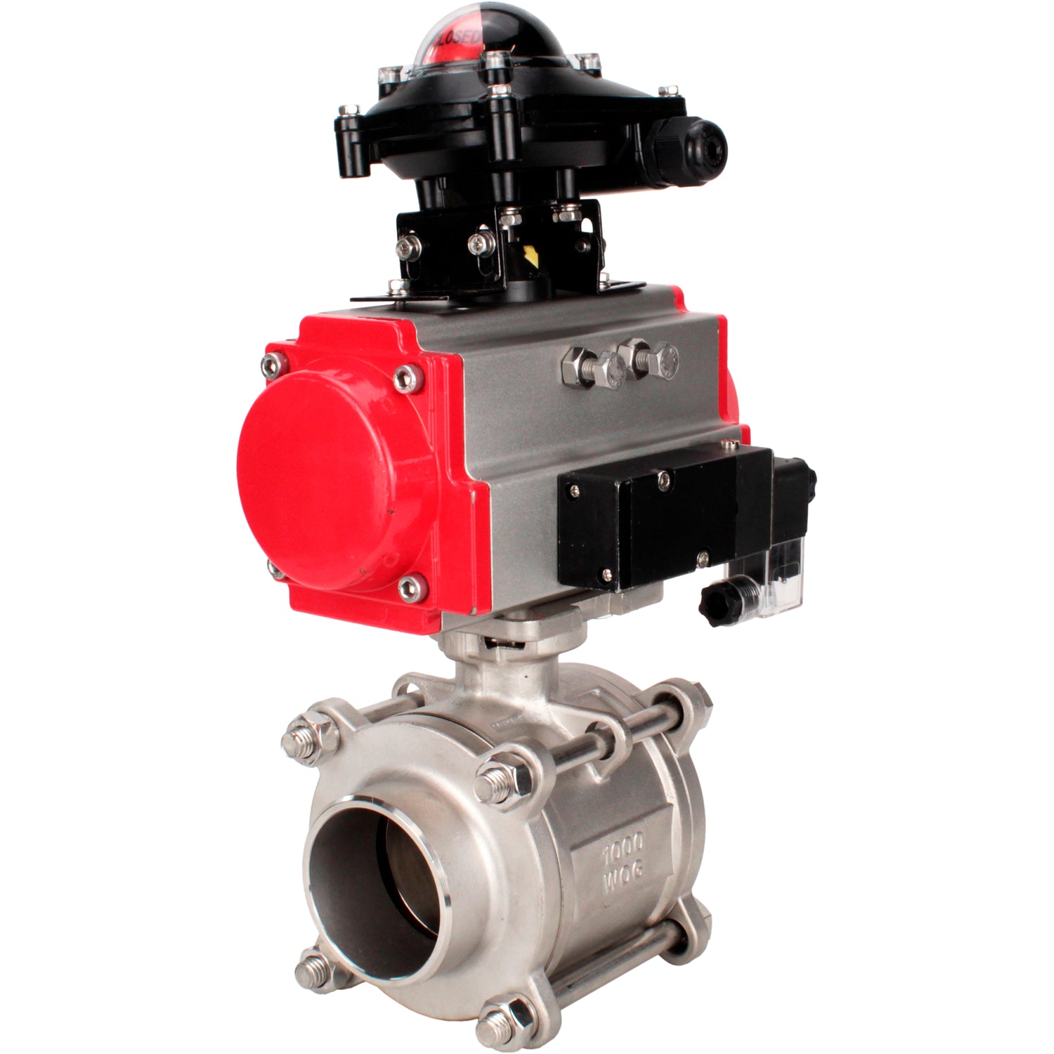 Ball valves Elephant BV3232P(3pc)-FP-W-ISO-H WDVF DN15-32 63 bar full bore, body - 316 stainless steel, seal - PTFE, for welding, with PA-SA pneumatic actuator, pneumatic distributor 4M310-08 NAMUR 24V, LSU APL-210N