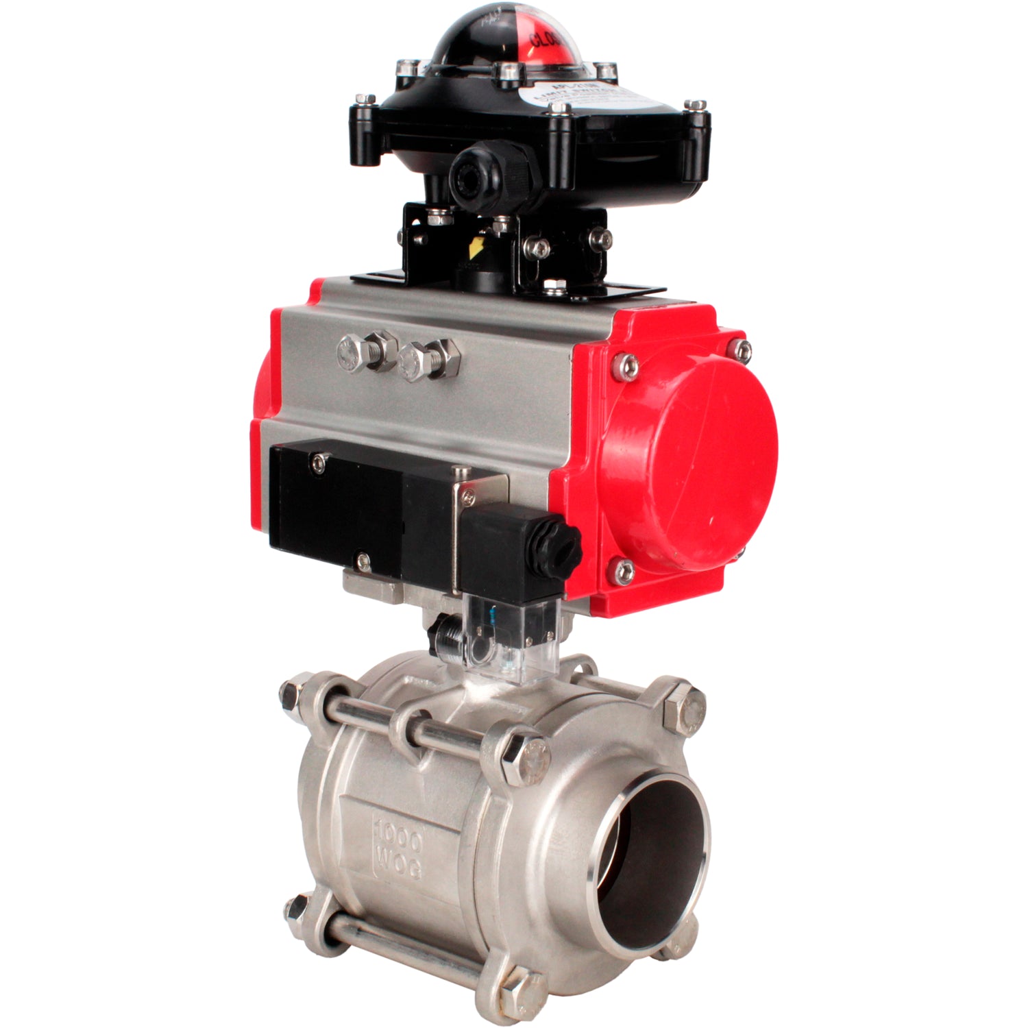 Ball valves Elephant BV3232P(3pc)-FP-W-ISO-H WDVF DN15-32 63 bar full bore, body - 316 stainless steel, seal - PTFE, for welding, with PA-SA pneumatic actuator, pneumatic distributor 4M310-08 NAMUR 24V, LSU APL-210N
