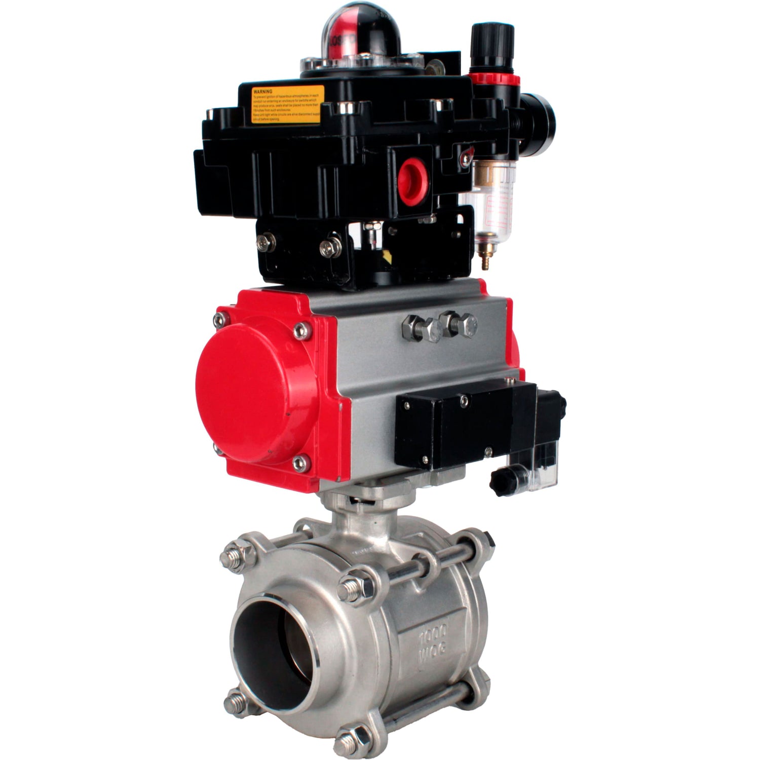 Ball valves Elephant BV3232P(3pc)-FP-W-ISO-H WDVF DN15-32 63 bar full bore, body - 316 stainless steel, seal - PTFE, for welding, with PA-SA pneumatic actuator, pneumatic distributor 4M310-08 NAMUR 24V, LSU APL-410N EX, ATU AFC2000