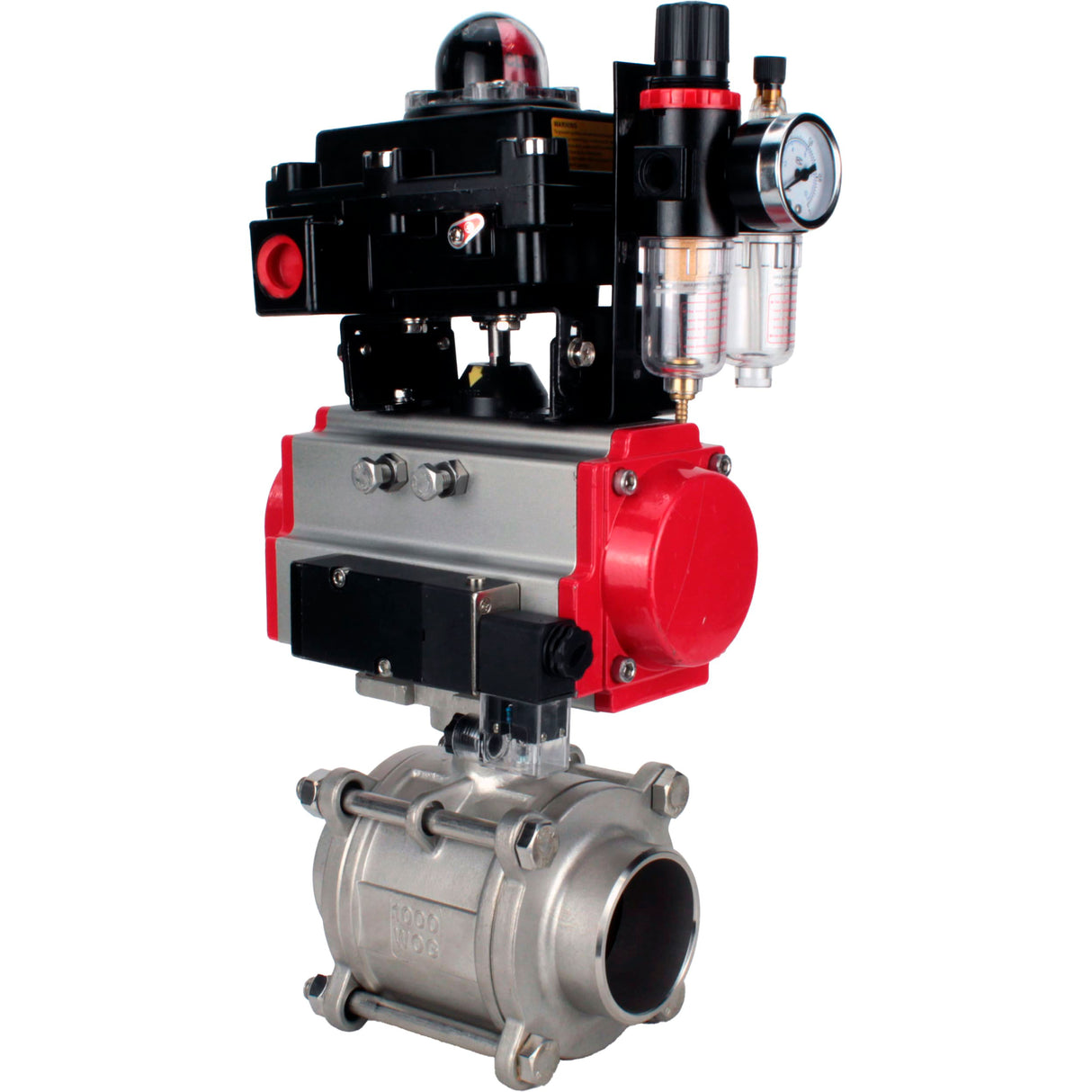 Ball valves Elephant BV3232P(3pc)-FP-W-ISO-H WDVF DN15-32 63 bar full bore, body - 316 stainless steel, seal - PTFE, for welding, with PA-SA pneumatic actuator, pneumatic distributor 4M310-08 NAMUR 24V, LSU APL-410N EX, ATU AFC2000