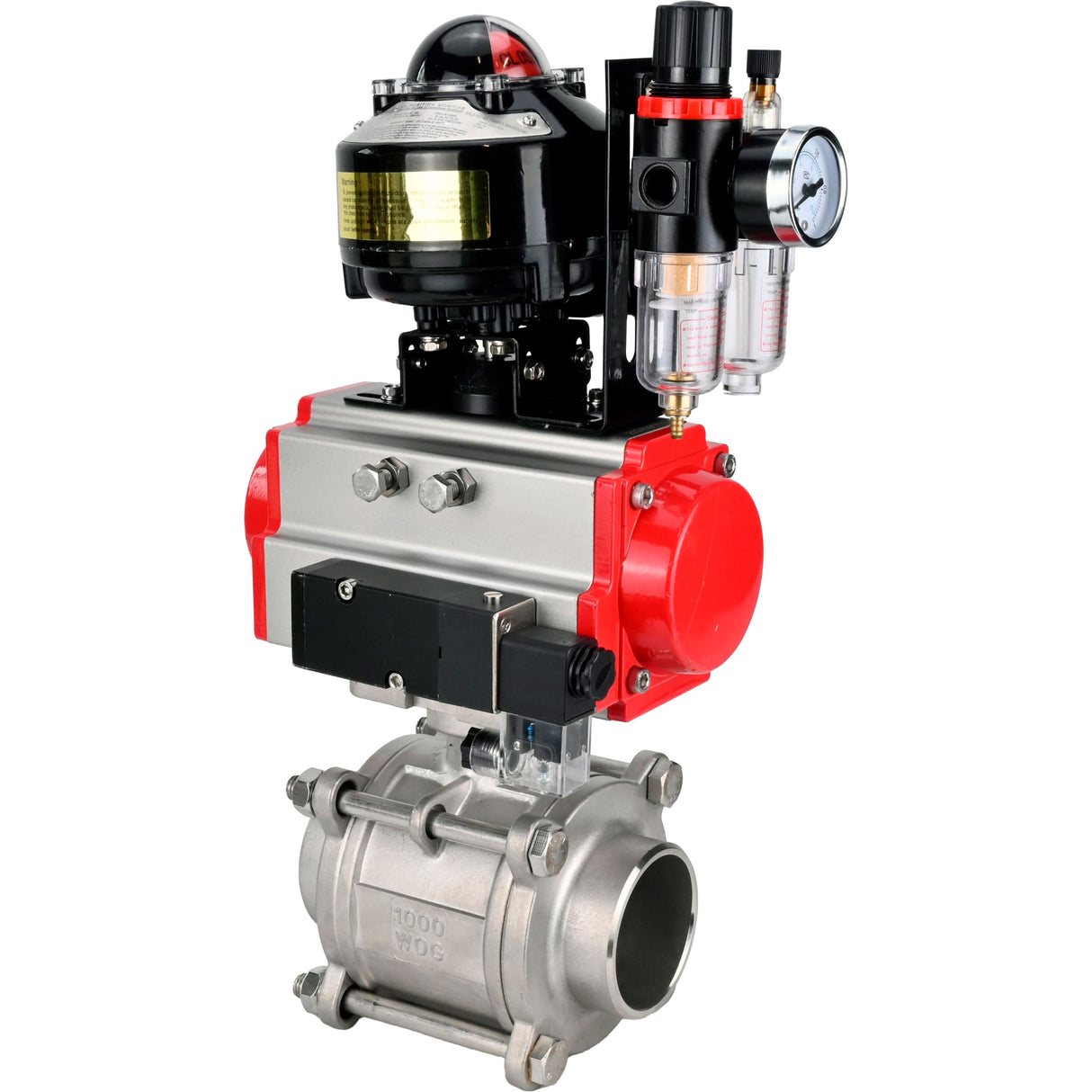 Ball valves Elephant BV3232P(3pc)-FP-W-ISO-H WDVF DN15-32 63 bar full bore, body - 316 stainless steel, seal - PTFE, for welding, with PA-SA pneumatic actuator, pneumatic distributor 4M310-08 NAMUR 220V, LSU APL-510N EX, ATU AFC2000