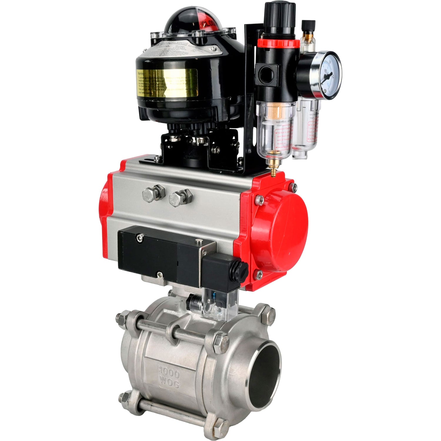 Ball valves Elephant BV3232P(3pc)-FP-W-ISO-H WDVF DN15-32 63 bar full bore, body - 316 stainless steel, seal - PTFE, for welding, with PA-SA pneumatic actuator, pneumatic distributor 4M310-08 NAMUR 220V, LSU APL-510N EX, ATU AFC2000