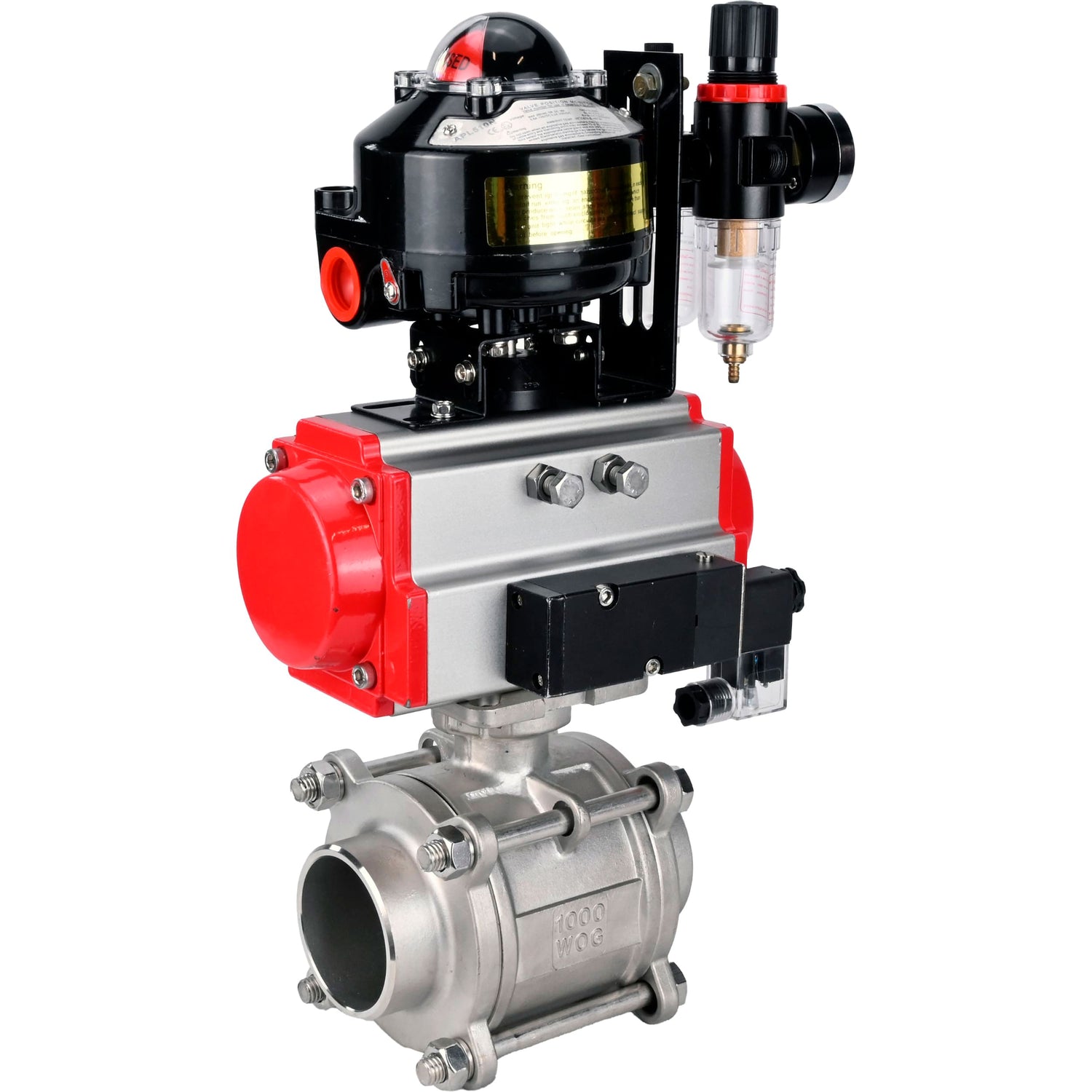 Ball valves Elephant BV3232P(3pc)-FP-W-ISO-H WDVF DN15-32 63 bar full bore, body - 316 stainless steel, seal - PTFE, for welding, with PA-SA pneumatic actuator, pneumatic distributor 4M310-08 NAMUR 220V, LSU APL-510N EX, ATU AFC2000
