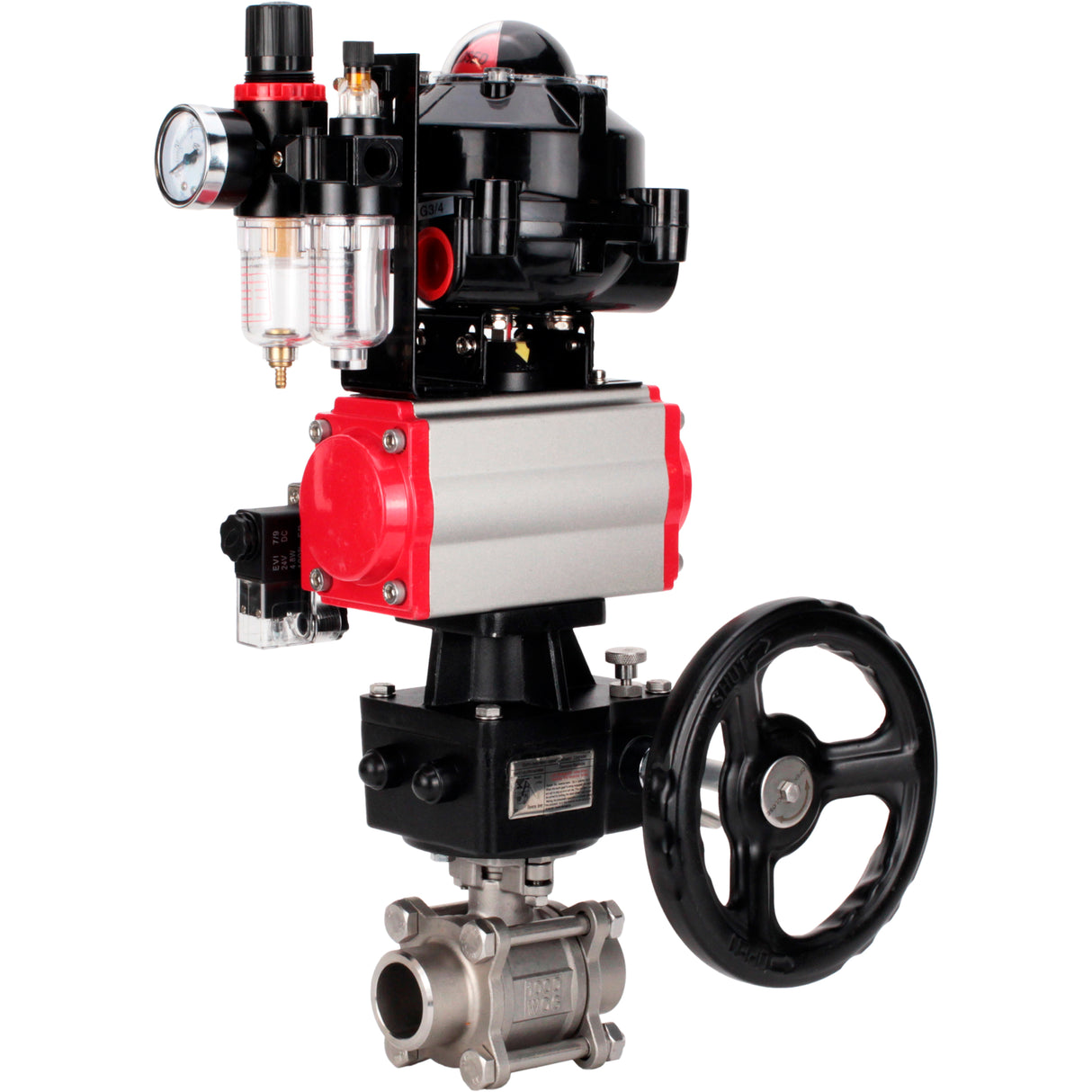 Ball valves Elephant BV3232P(3pc)-FP-W-ISO-H WDVF DN15-32 63 bar full bore, 316 stainless steel, PTFE, for welding, with PA-DA pneumatic actuator, pneumatic distributor 4M310-08 NAMUR 220V, LSU APL-510N EX, manual backup for MON, ATU AFC2000