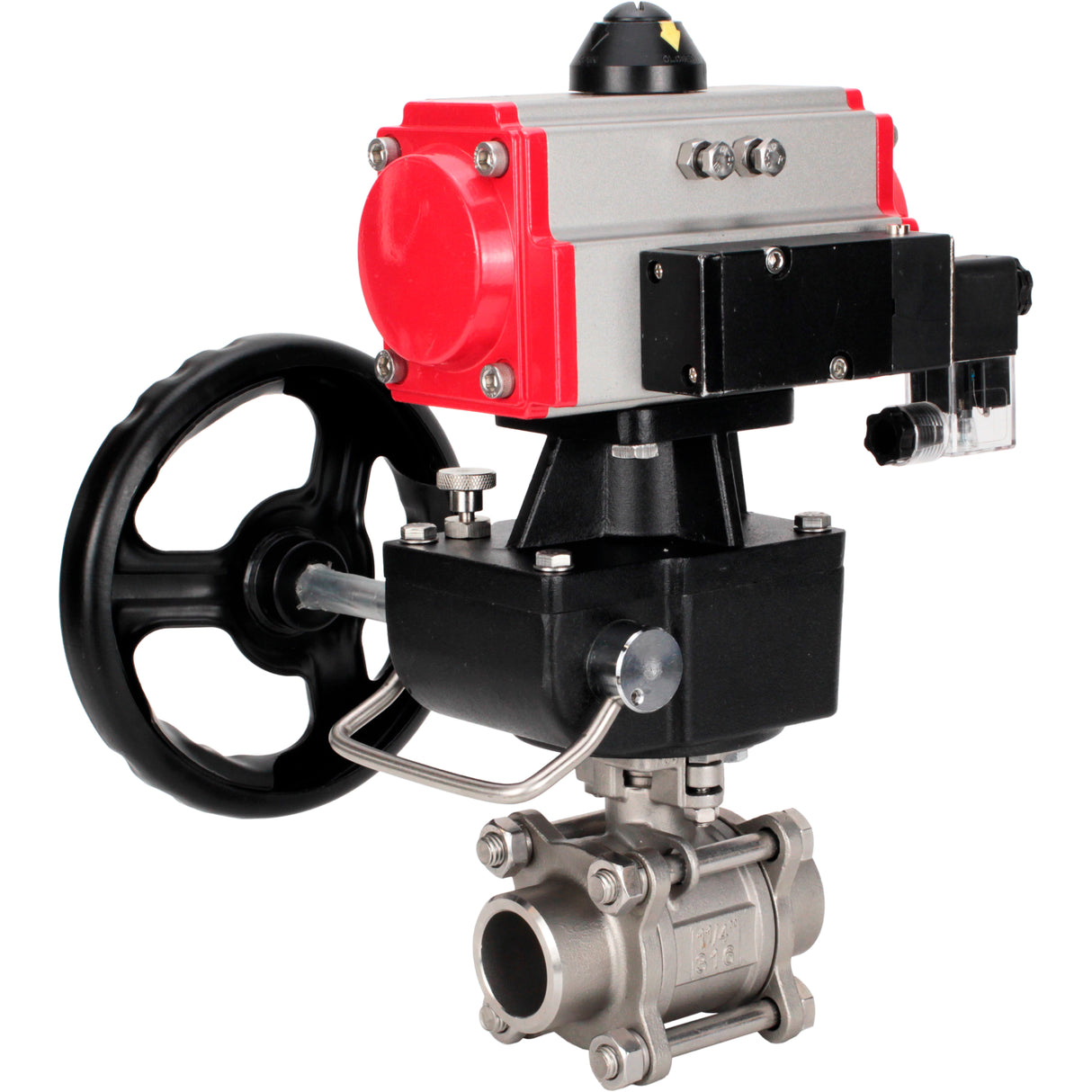 Ball valves Elephant BV3232P(3pc)-FP-W-ISO-H WDVF DN15-32 63 bar full bore, body - 316 stainless steel, seal - PTFE, for welding, with PA-DA pneumatic actuator, pneumatic distributor 4M310-08 NAMUR 24V, manual backup for MON