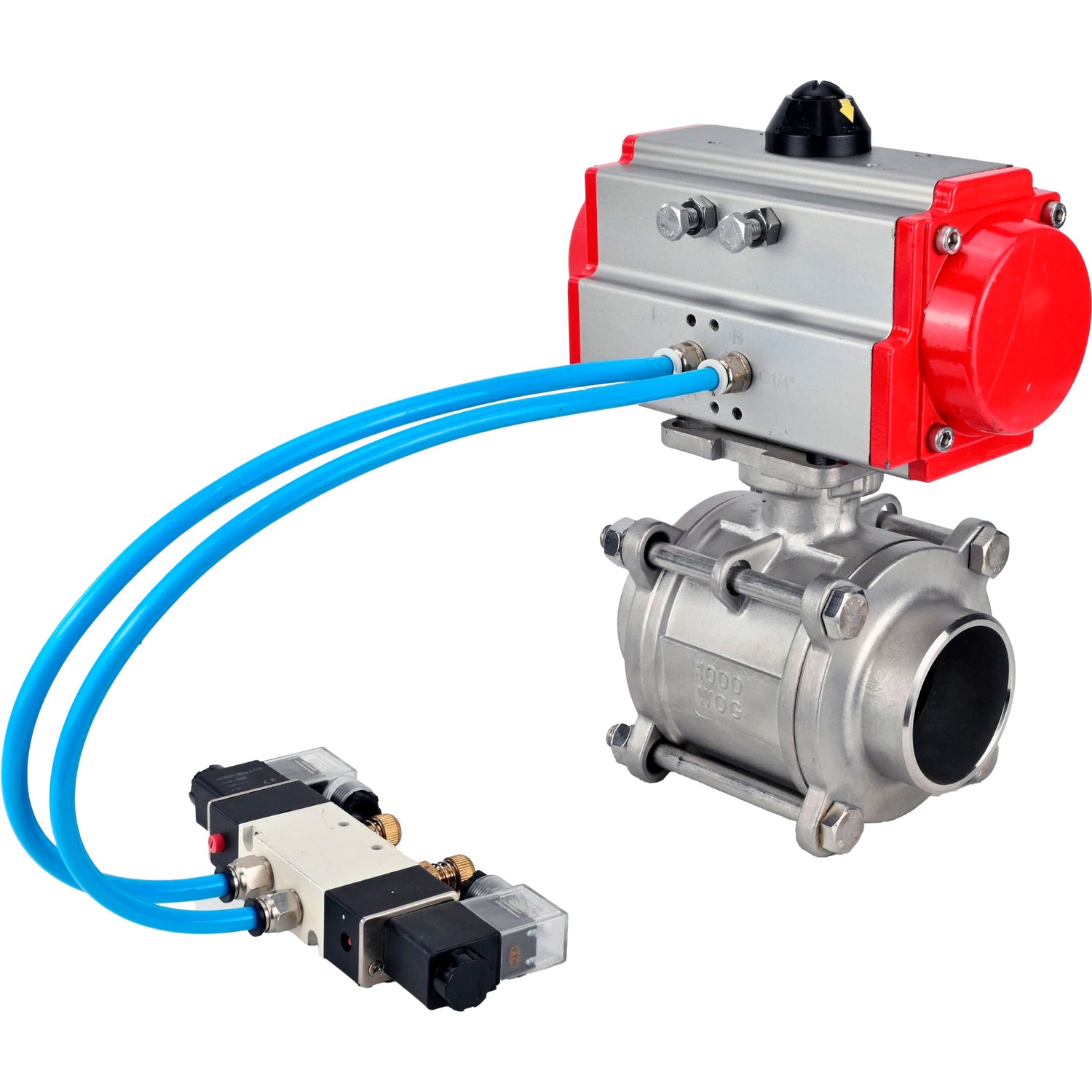 Ball valves Elephant BV3232P(3pc)-FP-W-ISO-H WDVF DN15-32 63 bar full bore, body - 316 stainless steel, seal - PTFE, for welding, with PA-SA pneumatic actuator, pneumatic distributor 4V320-10 220V