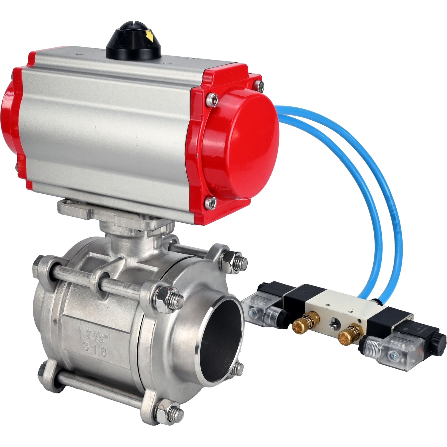 Ball valves Elephant BV3232P(3pc)-FP-W-ISO-H WDVF DN15-32 63 bar full bore, body - 316 stainless steel, seal - PTFE, for welding, with PA-SA pneumatic actuator, pneumatic distributor 4V320-10 220V