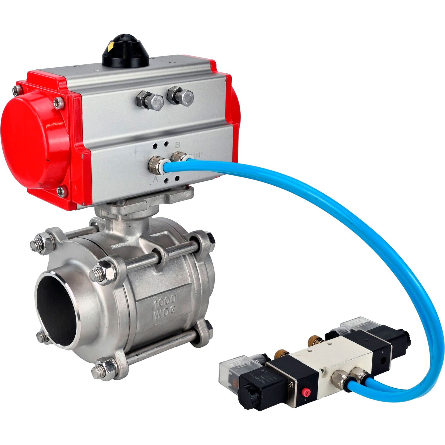 Ball valves Elephant BV3232P(3pc)-FP-W-ISO-H WDVF DN15-32 63 bar full bore, body - 316 stainless steel, seal - PTFE, for welding, with PA-SA pneumatic actuator, pneumatic distributor 4V320-10 220V