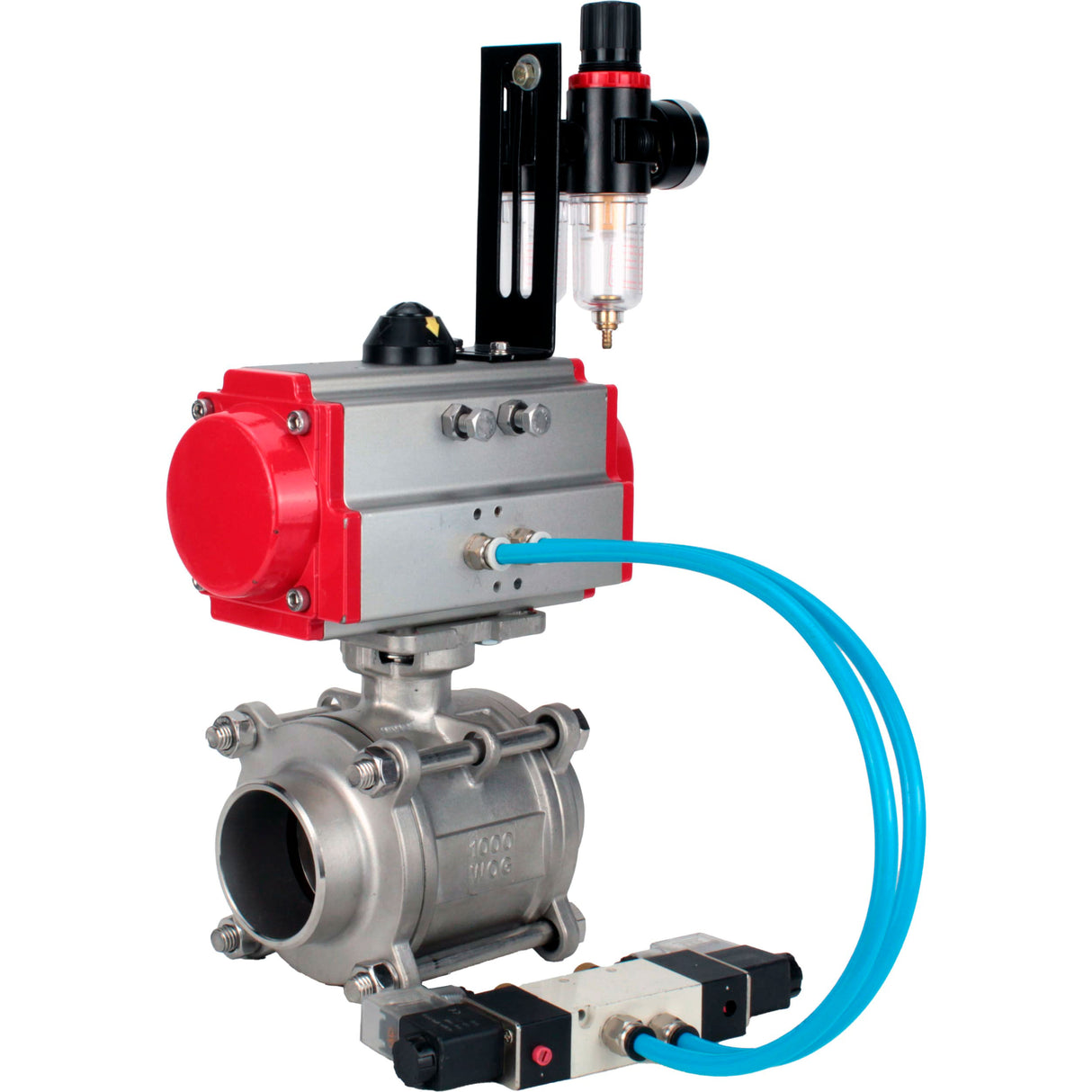 Ball valves Elephant BV3232P(3pc)-FP-W-ISO-H WDVF DN15-32 63 bar full bore, body - 316 stainless steel, seal - PTFE, for welding, with PA-SA pneumatic actuator, pneumatic distributor 4V320-10 220V, ATU AFC2000