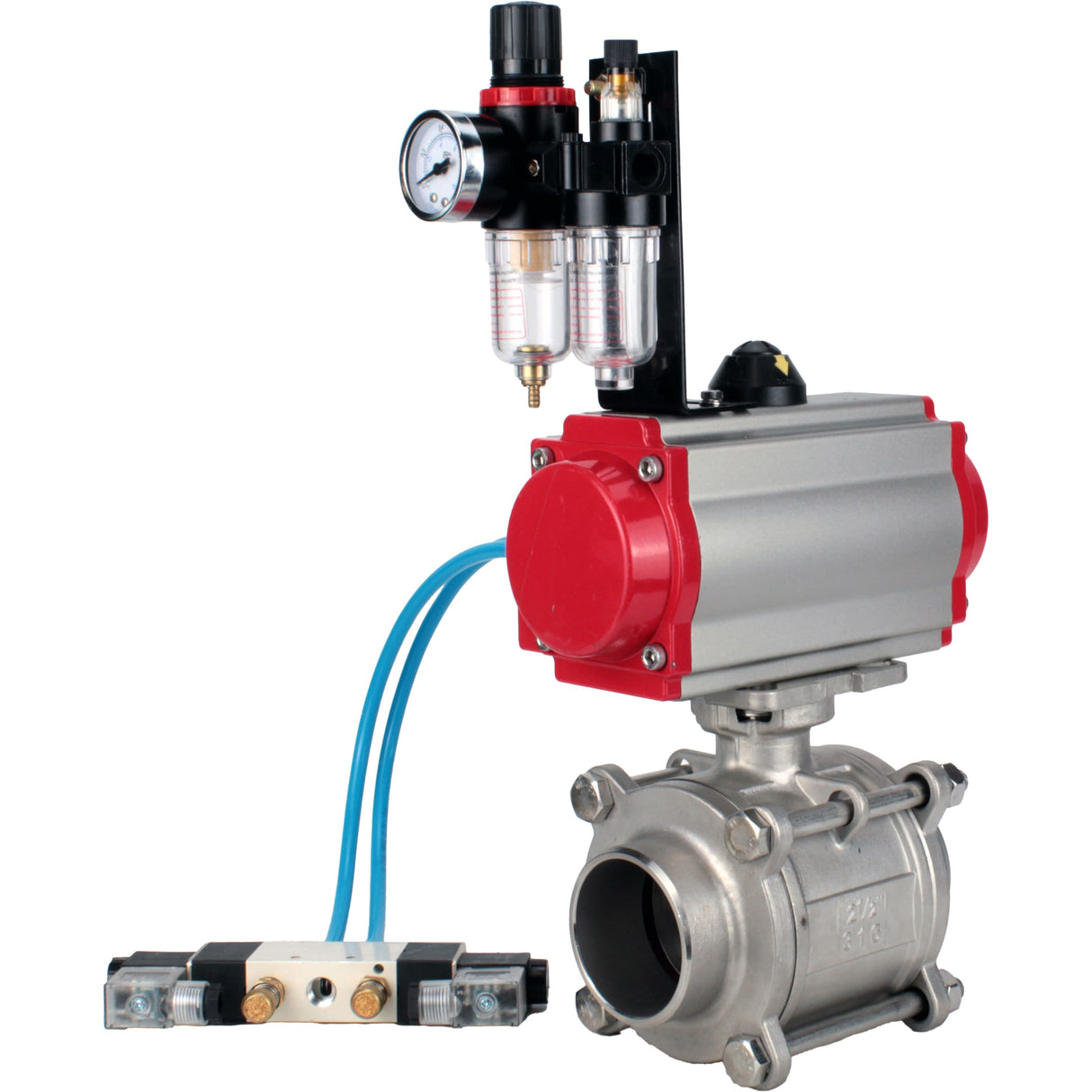 Ball valves Elephant BV3232P(3pc)-FP-W-ISO-H WDVF DN15-32 63 bar full bore, body - 316 stainless steel, seal - PTFE, for welding, with PA-SA pneumatic actuator, pneumatic distributor 4V320-10 220V, ATU AFC2000