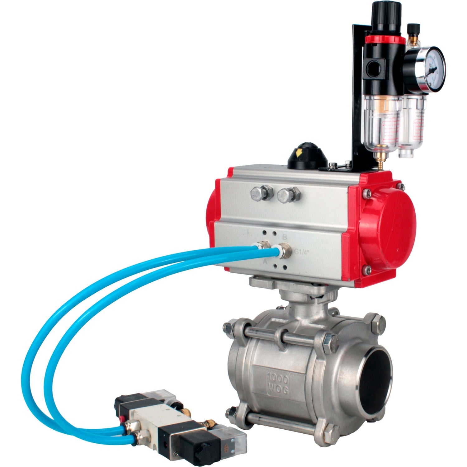 Ball valves Elephant BV3232P(3pc)-FP-W-ISO-H WDVF DN15-32 63 bar full bore, body - 316 stainless steel, seal - PTFE, for welding, with PA-SA pneumatic actuator, pneumatic distributor 4V320-10 220V, ATU AFC2000