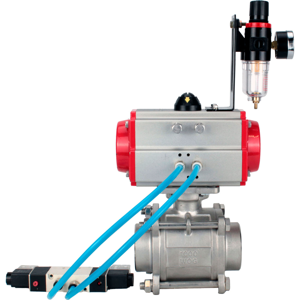 Ball valves Elephant BV3232P(3pc)-FP-W-ISO-H WDVF DN15-32 63 bar full bore, body - 316 stainless steel, seal - PTFE, for welding, with PA-SA pneumatic actuator, pneumatic distributor 4V320-10 220V, ATU AFC2000