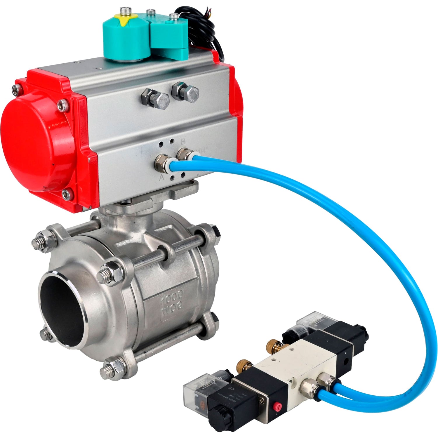 Ball valves Elephant BV3232P(3pc)-FP-W-ISO-H WDVF DN15-32 63 bar full bore, body - 316 stainless steel, seal - PTFE, for welding, with PA-DA pneumatic actuator, pneumatic distributor 4V320-10 220V and ALS200D magnetic switch