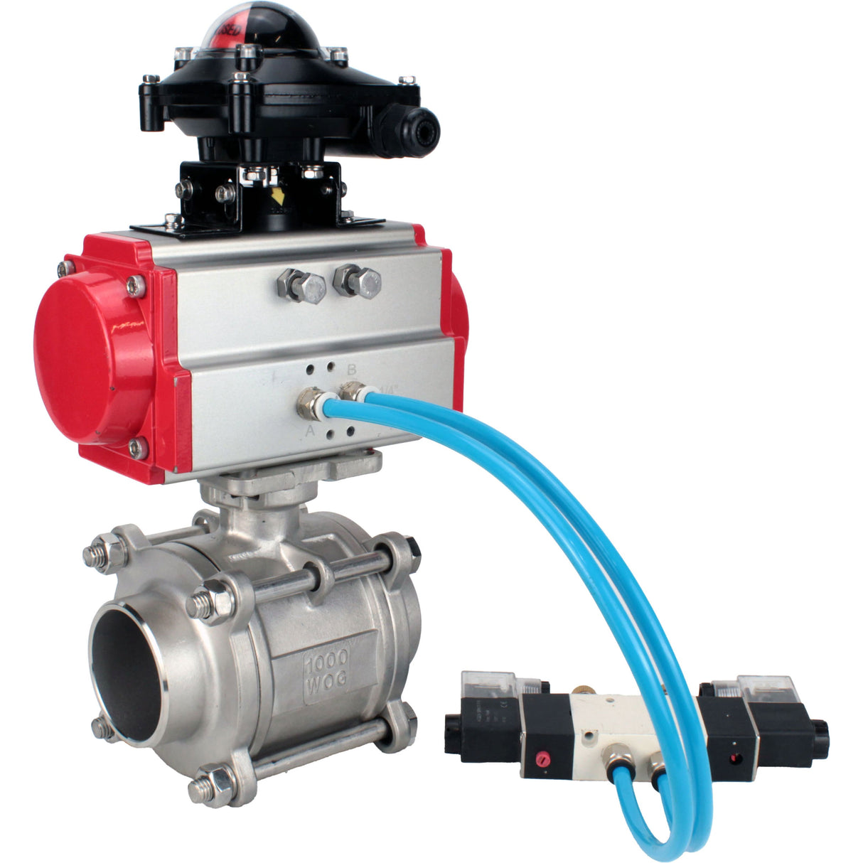 Ball valves Elephant BV3232P(3pc)-FP-W-ISO-H WDVF DN15-32 63 bar full bore, body - 316 stainless steel, seal - PTFE, for welding, with PA-SA pneumatic actuator, pneumatic distributor 4V320-10 220V, LSU APL-210N