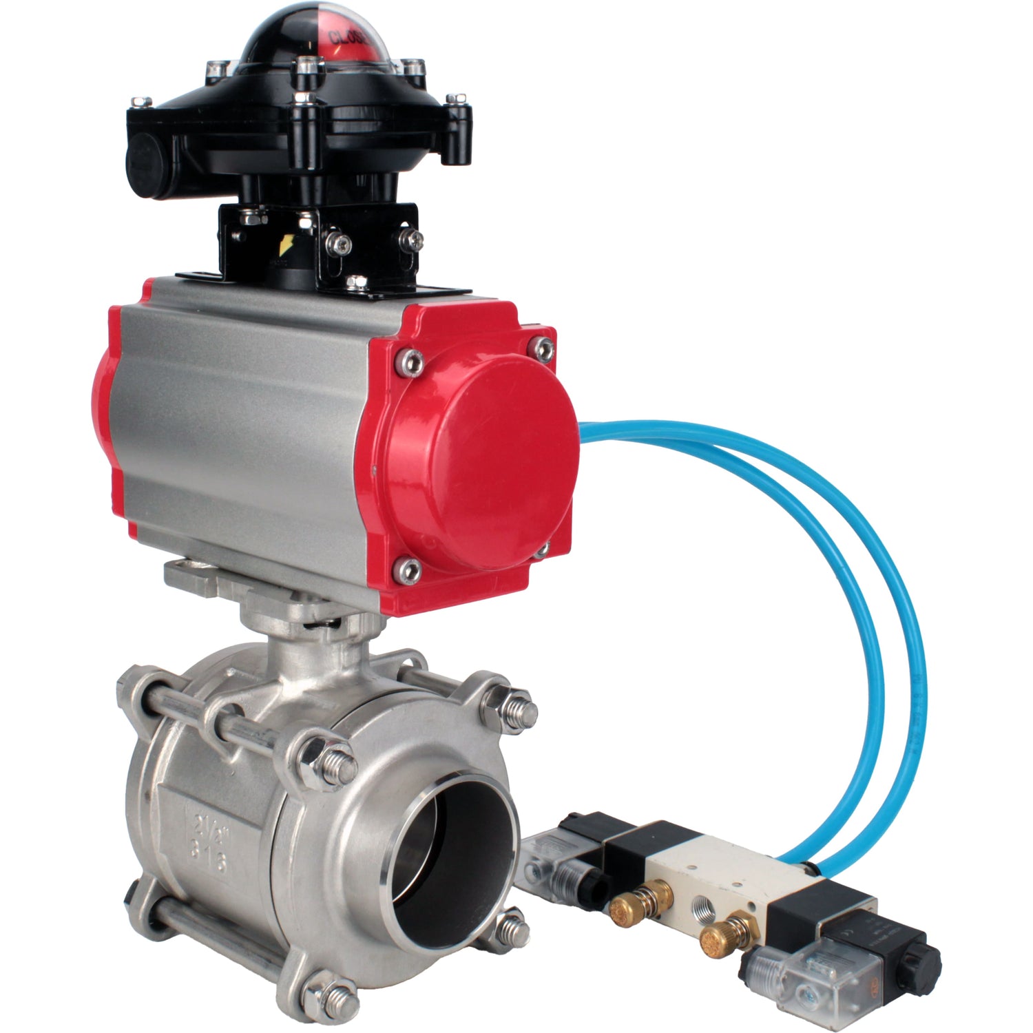 Ball valves Elephant BV3232P(3pc)-FP-W-ISO-H WDVF DN15-32 63 bar full bore, body - 316 stainless steel, seal - PTFE, for welding, with PA-SA pneumatic actuator, pneumatic distributor 4V320-10 220V, LSU APL-210N