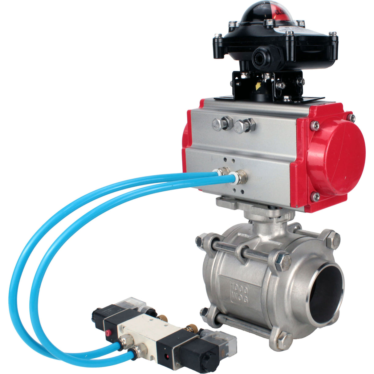 Ball valves Elephant BV3232P(3pc)-FP-W-ISO-H WDVF DN15-32 63 bar full bore, body - 316 stainless steel, seal - PTFE, for welding, with PA-SA pneumatic actuator, pneumatic distributor 4V320-10 220V, LSU APL-210N