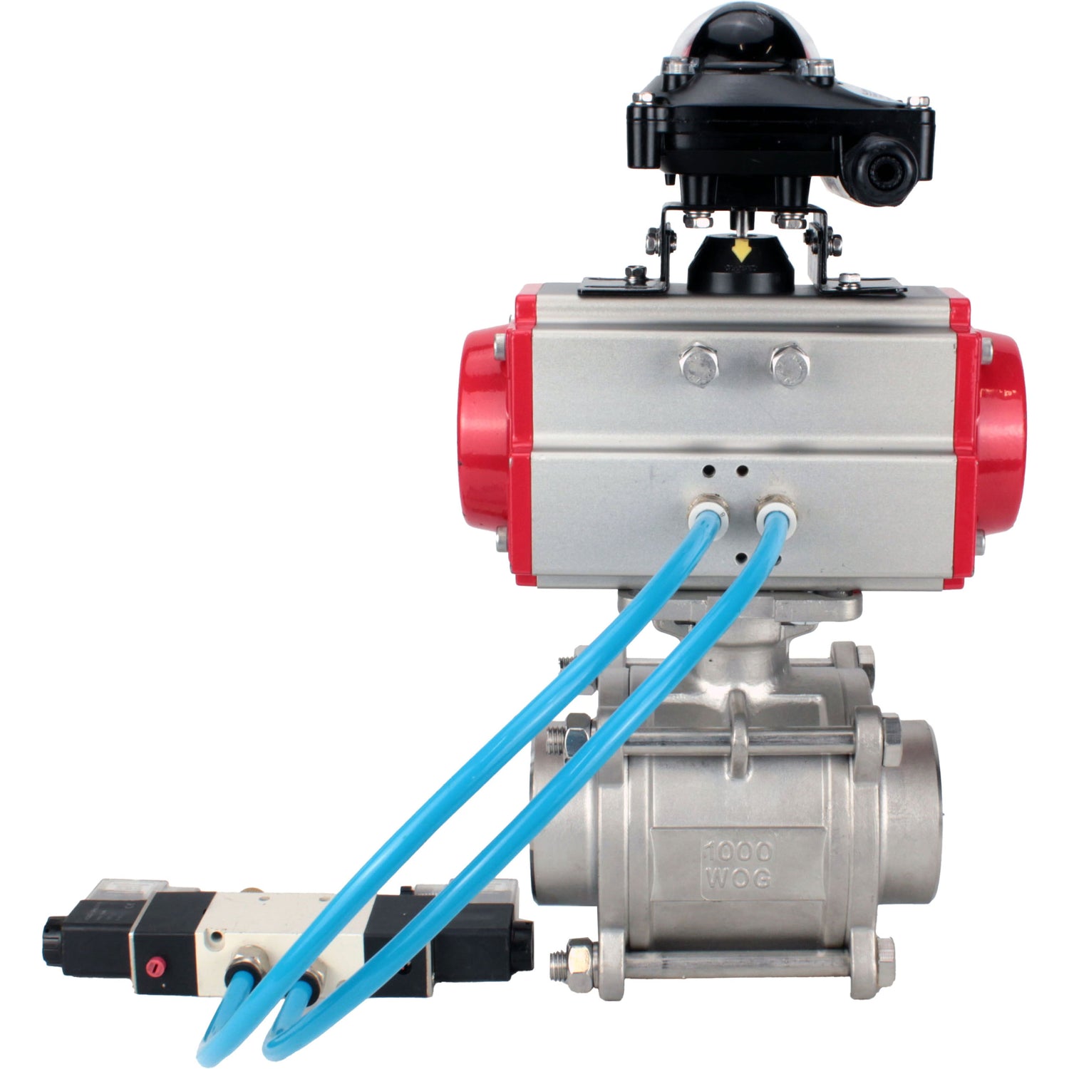 Ball valves Elephant BV3232P(3pc)-FP-W-ISO-H WDVF DN15-32 63 bar full bore, body - 316 stainless steel, seal - PTFE, for welding, with PA-SA pneumatic actuator, pneumatic distributor 4V320-10 220V, LSU APL-210N