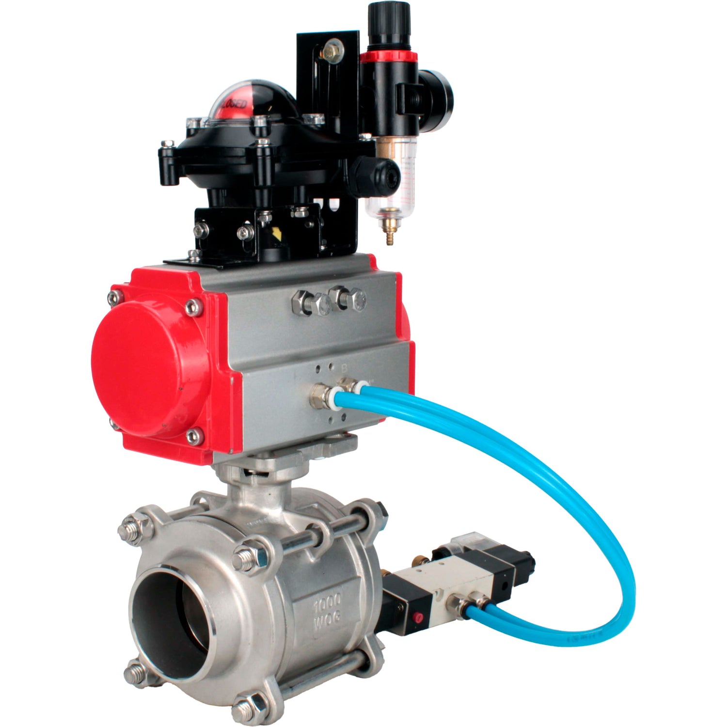 Ball valves Elephant BV3232P(3pc)-FP-W-ISO-H WDVF DN15-32 63 bar full bore, body - 316 stainless steel, seal - PTFE, for welding, with PA-SA pneumatic actuator, pneumatic distributor 4V320-08 220V, LSU APL-210N, ATU AFC2000