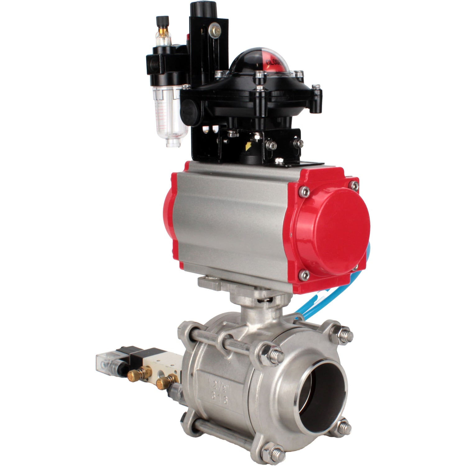 Ball valves Elephant BV3232P(3pc)-FP-W-ISO-H WDVF DN15-32 63 bar full bore, body - 316 stainless steel, seal - PTFE, for welding, with PA-SA pneumatic actuator, pneumatic distributor 4V320-08 220V, LSU APL-210N, ATU AFC2000