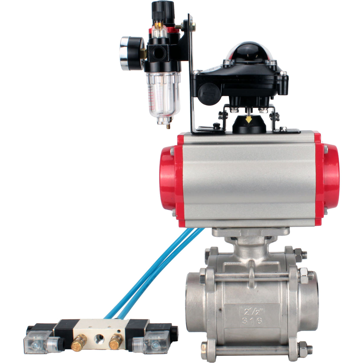 Ball valves Elephant BV3232P(3pc)-FP-W-ISO-H WDVF DN15-32 63 bar full bore, body - 316 stainless steel, seal - PTFE, for welding, with PA-SA pneumatic actuator, pneumatic distributor 4V320-08 220V, LSU APL-210N, ATU AFC2000