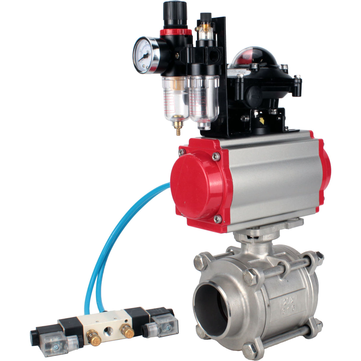 Ball valves Elephant BV3232P(3pc)-FP-W-ISO-H WDVF DN15-32 63 bar full bore, body - 316 stainless steel, seal - PTFE, for welding, with PA-SA pneumatic actuator, pneumatic distributor 4V320-08 220V, LSU APL-210N, ATU AFC2000