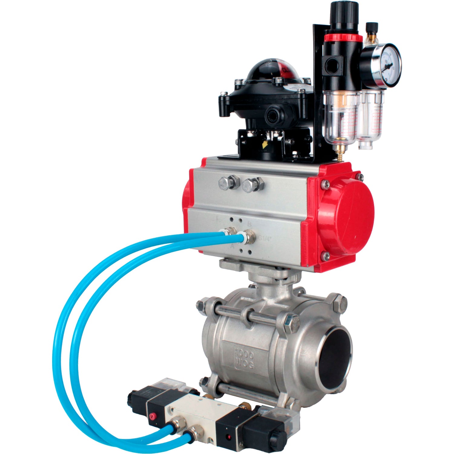 Ball valves Elephant BV3232P(3pc)-FP-W-ISO-H WDVF DN15-32 63 bar full bore, body - 316 stainless steel, seal - PTFE, for welding, with PA-SA pneumatic actuator, pneumatic distributor 4V320-08 220V, LSU APL-210N, ATU AFC2000