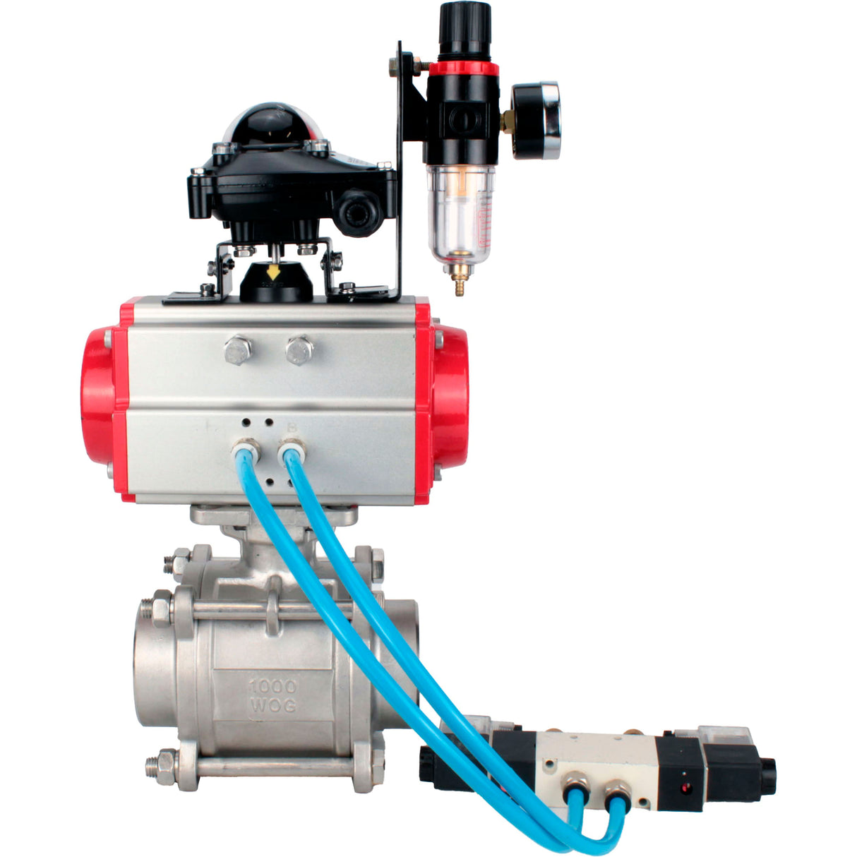 Ball valves Elephant BV3232P(3pc)-FP-W-ISO-H WDVF DN15-32 63 bar full bore, body - 316 stainless steel, seal - PTFE, for welding, with PA-SA pneumatic actuator, pneumatic distributor 4V320-08 220V, LSU APL-210N, ATU AFC2000
