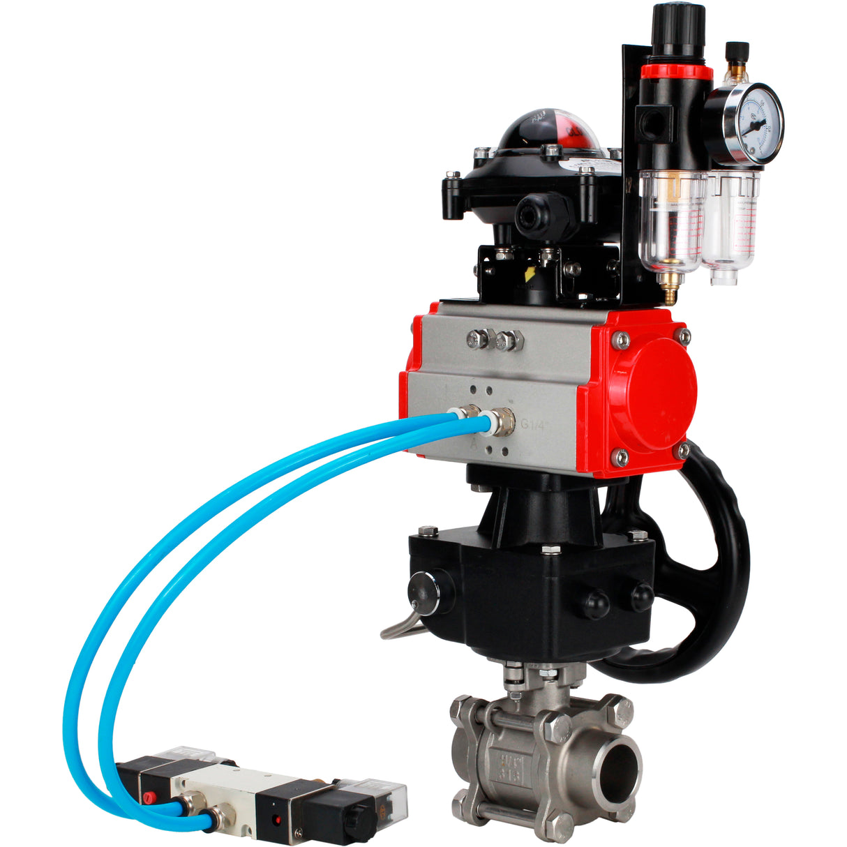 Ball valves Elephant BV3232P(3pc)-FP-W-ISO-H WDVF DN15-32 63 bar full bore, 316 stainless steel, seal - PTFE, for welding, with PA-DA pneumatic actuator, pneumatic distributor 4V320-08 220V, LSU APL-210N, manual backup for MON, ATU AFC2000