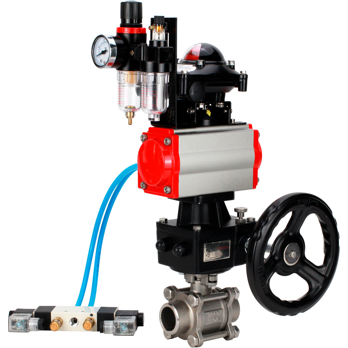 Ball valves Elephant BV3232P(3pc)-FP-W-ISO-H WDVF DN15-32 63 bar full bore, 316 stainless steel, seal - PTFE, for welding, with PA-DA pneumatic actuator, pneumatic distributor 4V320-08 220V, LSU APL-210N, manual backup for MON, ATU AFC2000