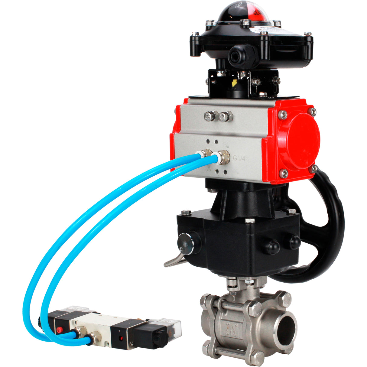 Ball valves Elephant BV3232P(3pc)-FP-W-ISO-H WDVF DN15-32 63 bar full bore, 316 stainless steel, seal - PTFE, for welding, with PA-DA pneumatic actuator, with pneumatic distributor 4V320-10 220V, LSU APL-210N, manual backup for MON