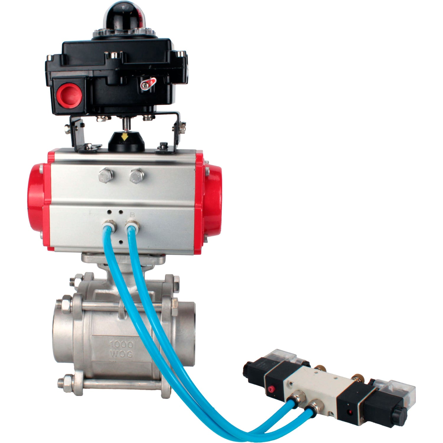 Ball valves Elephant BV3232P(3pc)-FP-W-ISO-H WDVF DN15-32 63 bar full bore, body - 316 stainless steel, seal - PTFE, for welding, with PA-SA pneumatic actuator, pneumatic distributor 4V320-08 220V, LSU APL-410N EX