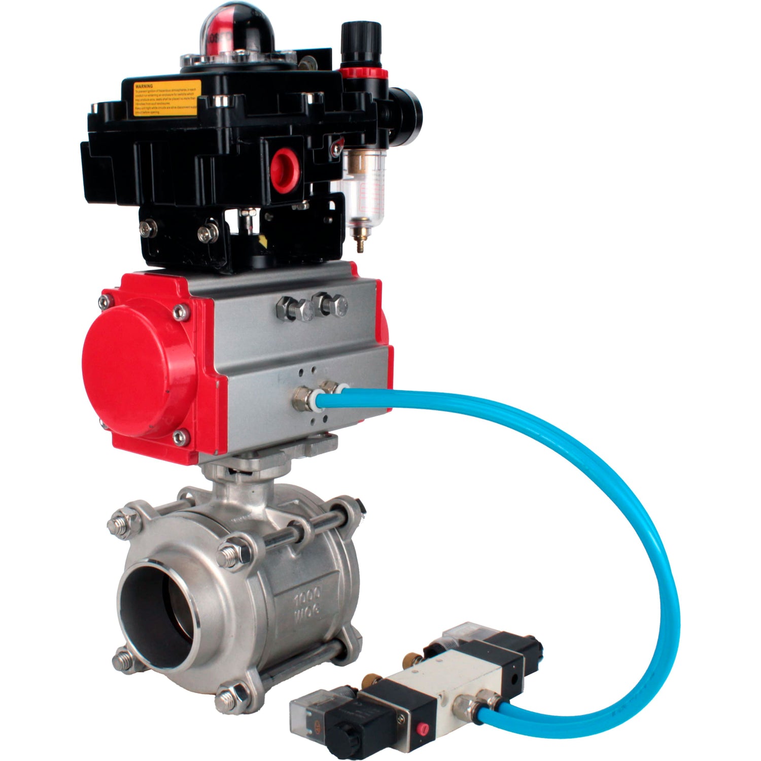 Ball valves Elephant BV3232P(3pc)-FP-W-ISO-H WDVF DN15-32 63 bar full bore, body - 316 stainless steel, seal - PTFE, for welding, with PA-SA pneumatic actuator, pneumatic distributor 4V320-08 220V, LSU APL-410N EX, ATU AFC2000