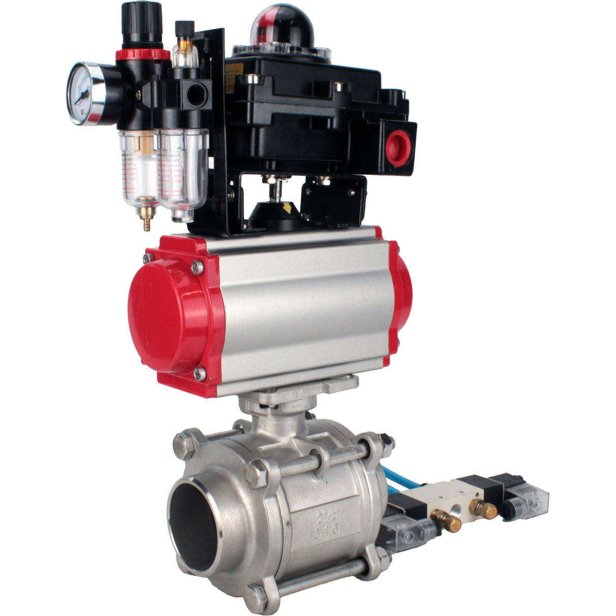 Ball valves Elephant BV3232P(3pc)-FP-W-ISO-H WDVF DN15-32 63 bar full bore, body - 316 stainless steel, seal - PTFE, for welding, with PA-SA pneumatic actuator, pneumatic distributor 4V320-08 220V, LSU APL-410N EX, ATU AFC2000