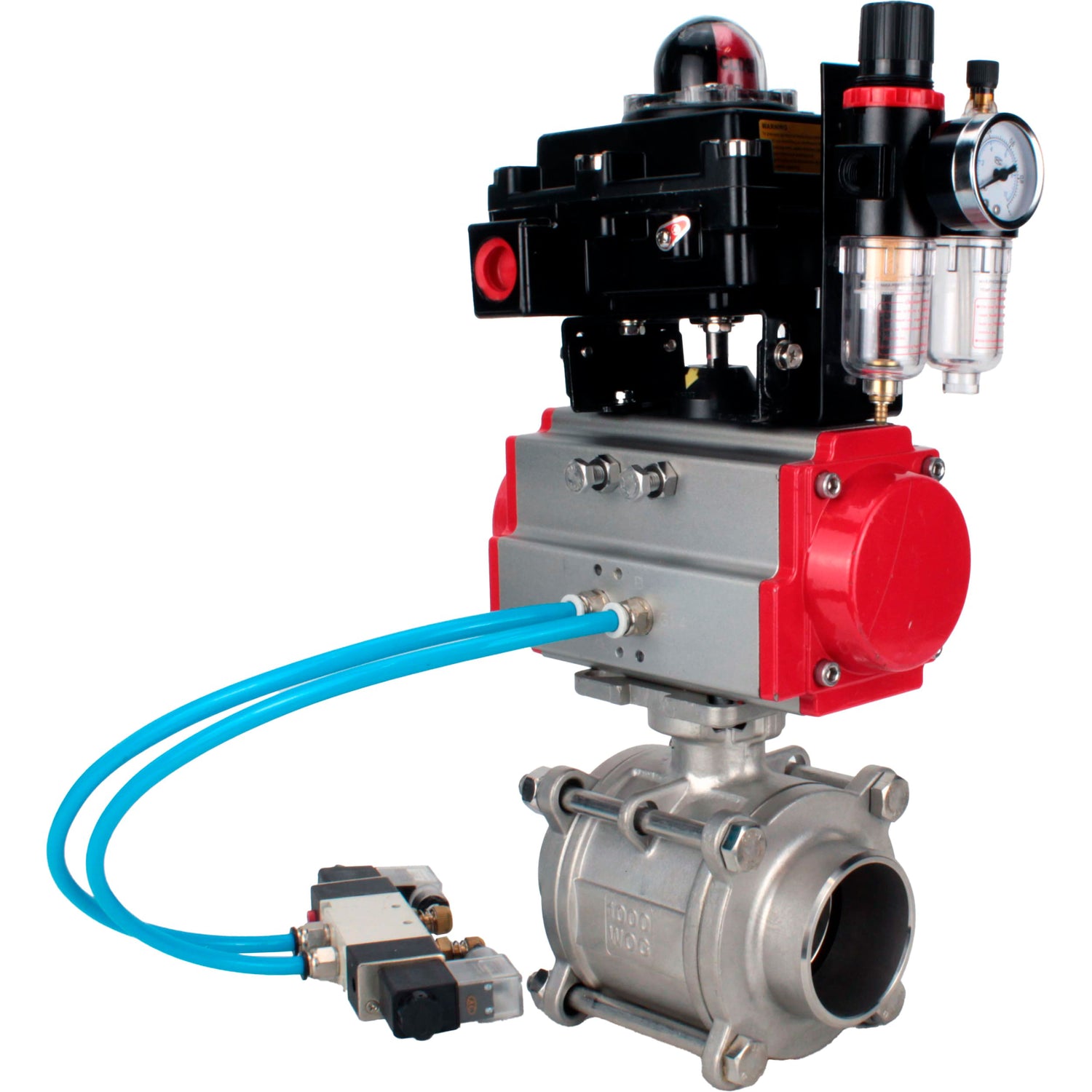 Ball valves Elephant BV3232P(3pc)-FP-W-ISO-H WDVF DN15-32 63 bar full bore, body - 316 stainless steel, seal - PTFE, for welding, with PA-SA pneumatic actuator, pneumatic distributor 4V320-08 220V, LSU APL-410N EX, ATU AFC2000