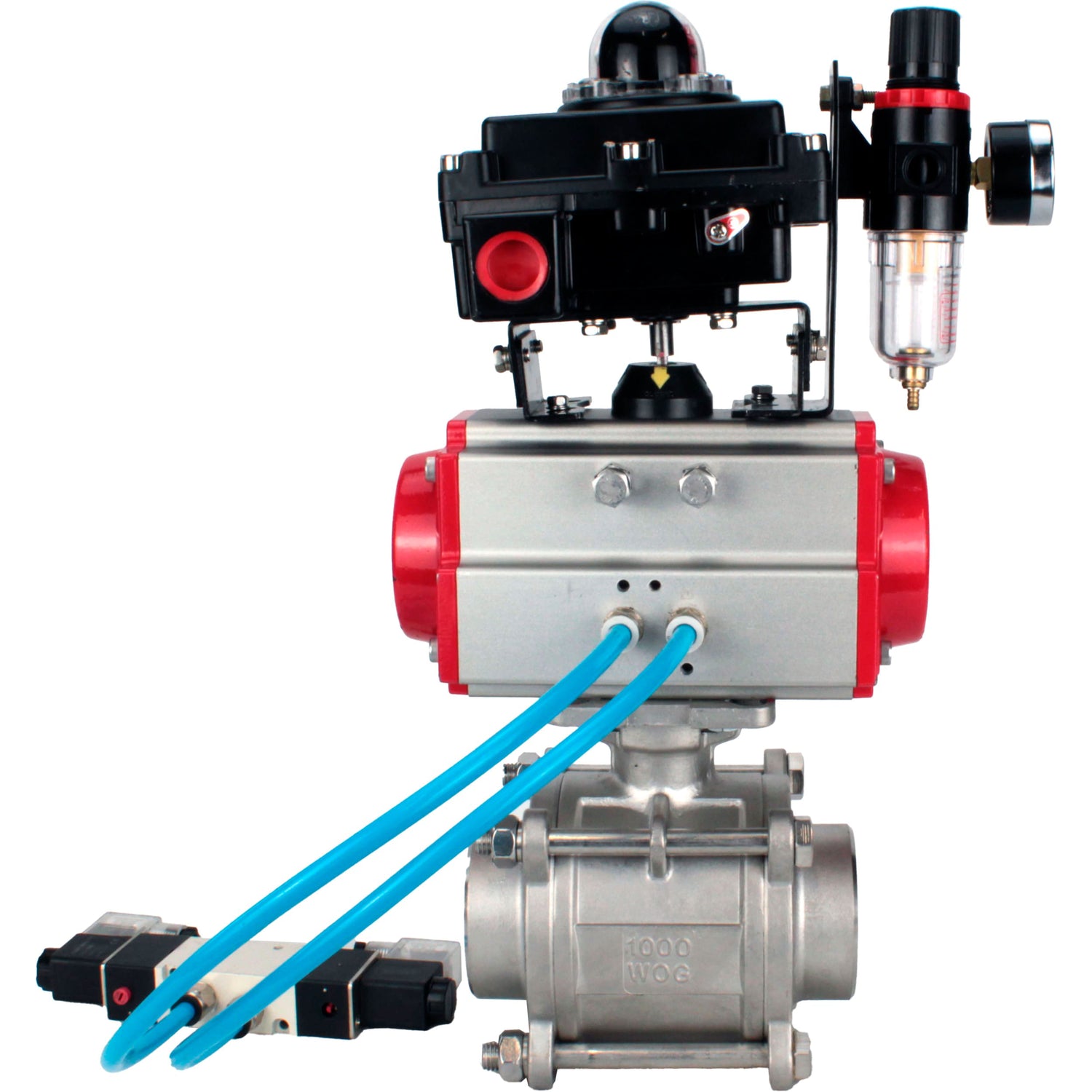 Ball valves Elephant BV3232P(3pc)-FP-W-ISO-H WDVF DN15-32 63 bar full bore, body - 316 stainless steel, seal - PTFE, for welding, with PA-SA pneumatic actuator, pneumatic distributor 4V320-08 220V, LSU APL-410N EX, ATU AFC2000