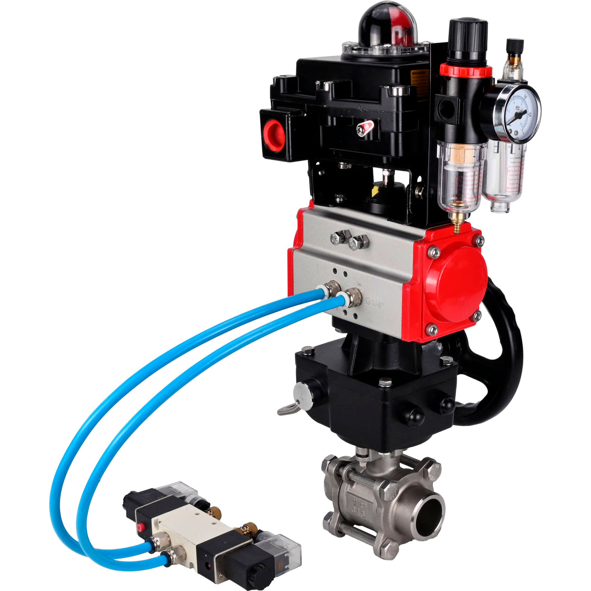 Ball valves Elephant BV3232P(3pc)-FP-W-ISO-H WDVF DN15-32 63 bar full bore, 316 stainless steel, PTFE, for welding, with PA-DA pneumatic actuator, with pneumatic distributor 4V320-10 220V, LSU APL-410N EX, manual backup for MON, ATU AFC2000