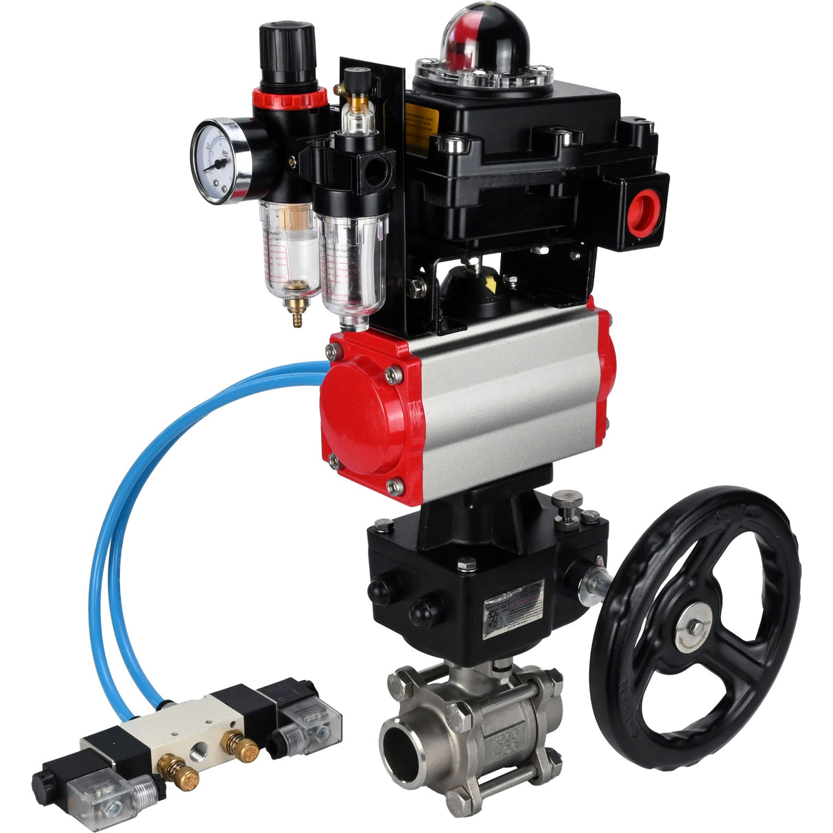 Ball valves Elephant BV3232P(3pc)-FP-W-ISO-H WDVF DN15-32 63 bar full bore, 316 stainless steel, PTFE, for welding, with PA-DA pneumatic actuator, with pneumatic distributor 4V320-10 220V, LSU APL-410N EX, manual backup for MON, ATU AFC2000