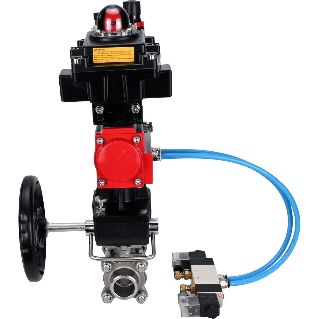 Ball valves Elephant BV3232P(3pc)-FP-W-ISO-H WDVF DN15-32 63 bar full bore, 316 stainless steel, PTFE, for welding, with PA-DA pneumatic actuator, with pneumatic distributor 4V320-10 220V, LSU APL-410N EX, manual backup for MON, ATU AFC2000