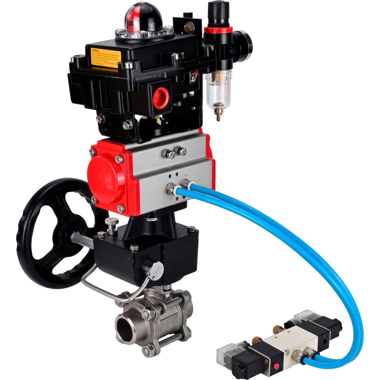 Ball valves Elephant BV3232P(3pc)-FP-W-ISO-H WDVF DN15-32 63 bar full bore, 316 stainless steel, PTFE, for welding, with PA-DA pneumatic actuator, with pneumatic distributor 4V320-10 220V, LSU APL-410N EX, manual backup for MON, ATU AFC2000