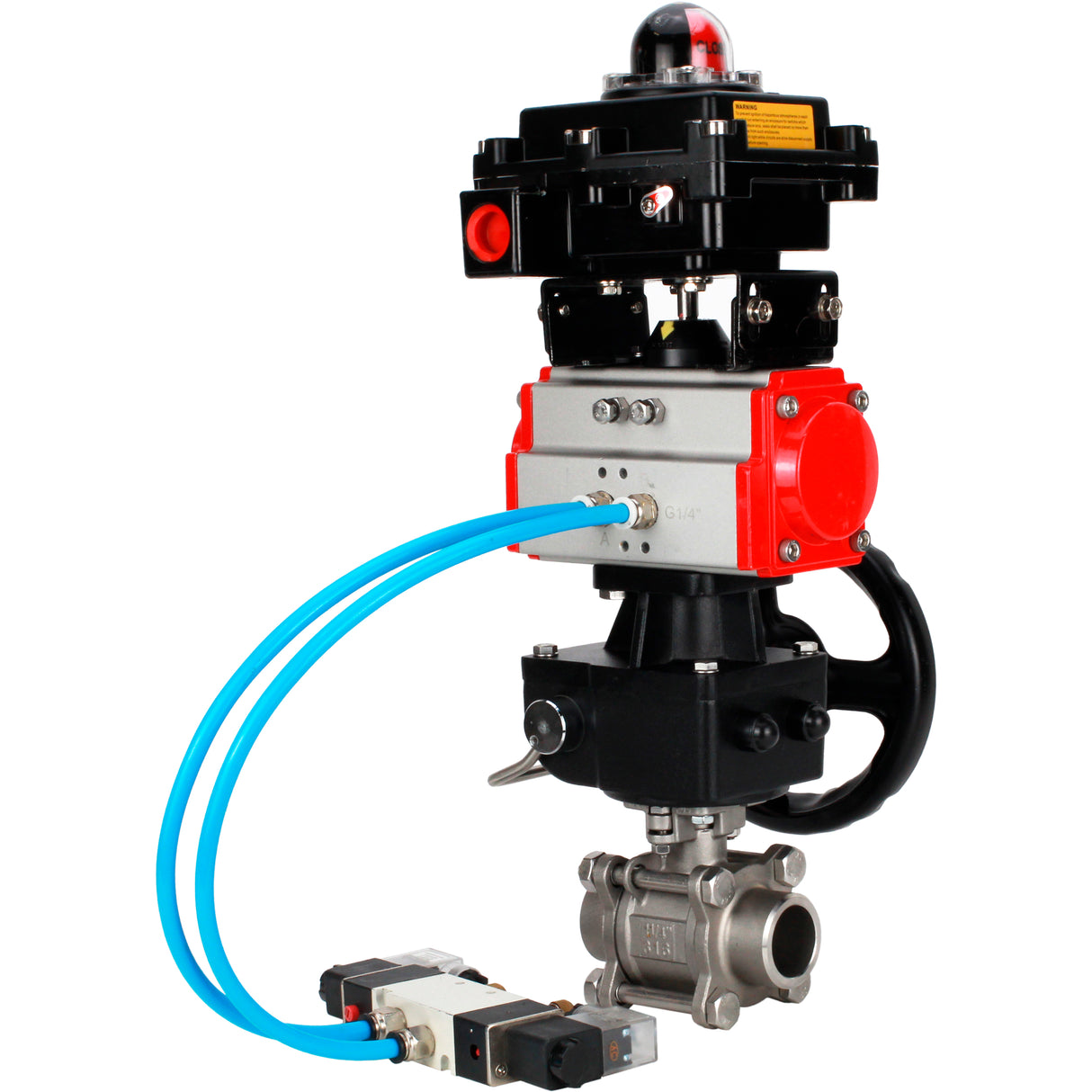 Ball valves Elephant BV3232P(3pc)-FP-W-ISO-H WDVF DN15-32 63 bar full bore, 316 stainless steel, seal - PTFE, for welding, with PA-DA pneumatic actuator, pneumatic distributor 4V320-08 220V, LSU APL-410N EX, manual backup for MON