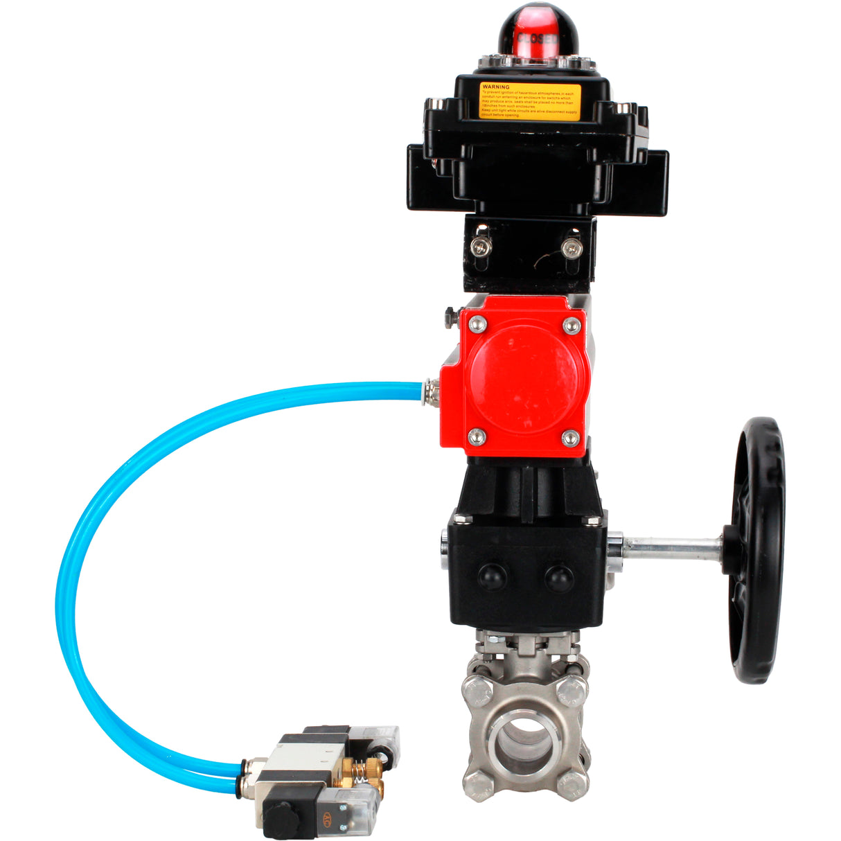 Ball valves Elephant BV3232P(3pc)-FP-W-ISO-H WDVF DN15-32 63 bar full bore, 316 stainless steel, seal - PTFE, for welding, with PA-DA pneumatic actuator, pneumatic distributor 4V320-08 220V, LSU APL-410N EX, manual backup for MON