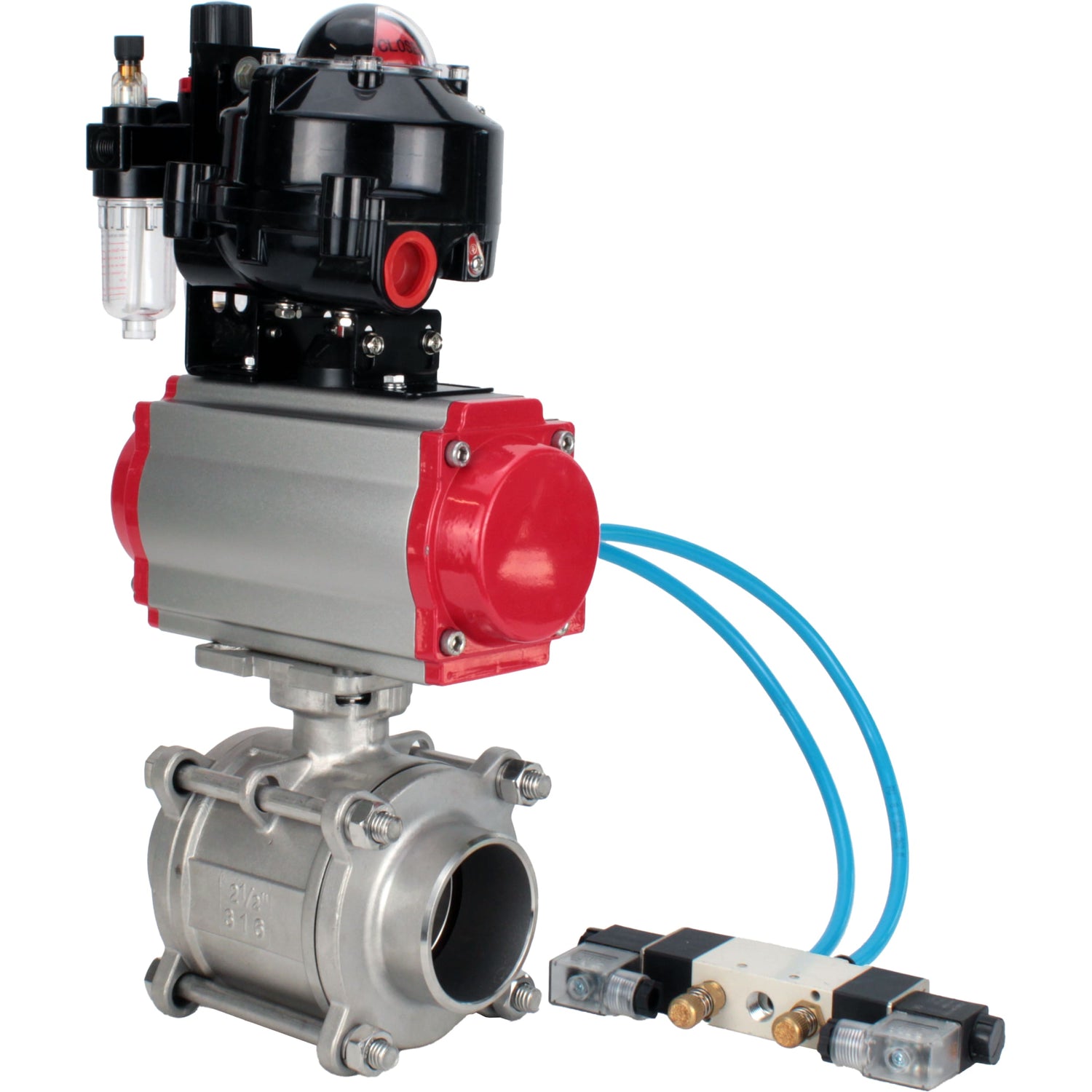 Ball valves Elephant BV3232P(3pc)-FP-W-ISO-H WDVF DN15-32 63 bar full bore, body - 316 stainless steel, seal - PTFE, for welding, with PA-SA pneumatic actuator, pneumatic distributor 4V320-10 220V, LSU APL-510N EX, ATU AFC2000