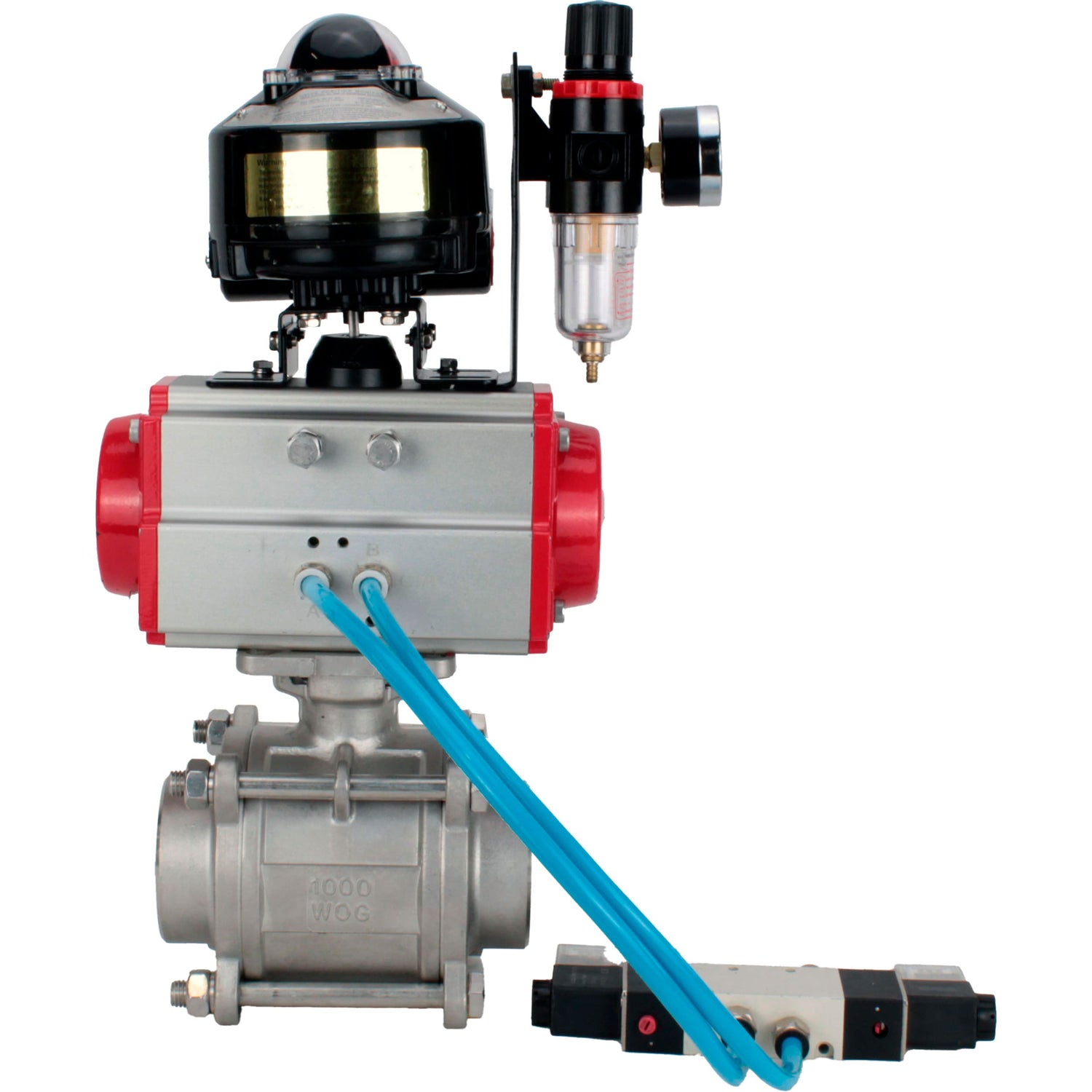 Ball valves Elephant BV3232P(3pc)-FP-W-ISO-H WDVF DN15-32 63 bar full bore, body - 316 stainless steel, seal - PTFE, for welding, with PA-SA pneumatic actuator, pneumatic distributor 4V320-10 220V, LSU APL-510N EX, ATU AFC2000