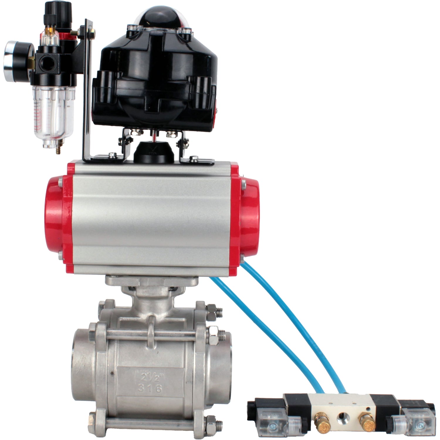 Ball valves Elephant BV3232P(3pc)-FP-W-ISO-H WDVF DN15-32 63 bar full bore, body - 316 stainless steel, seal - PTFE, for welding, with PA-SA pneumatic actuator, pneumatic distributor 4V320-10 220V, LSU APL-510N EX, ATU AFC2000