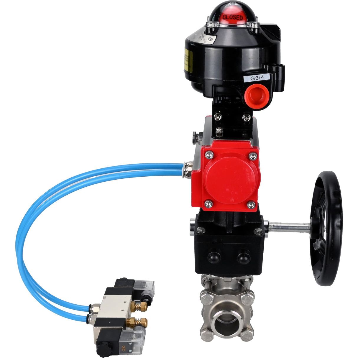 Ball valves Elephant BV3232P(3pc)-FP-W-ISO-H WDVF DN15-32 63 bar full bore, 316 stainless steel, seal - PTFE, for welding, with PA-DA pneumatic actuator, pneumatic distributor 4V320-08 220V, LSU APL-510N EX, manual backup for MON