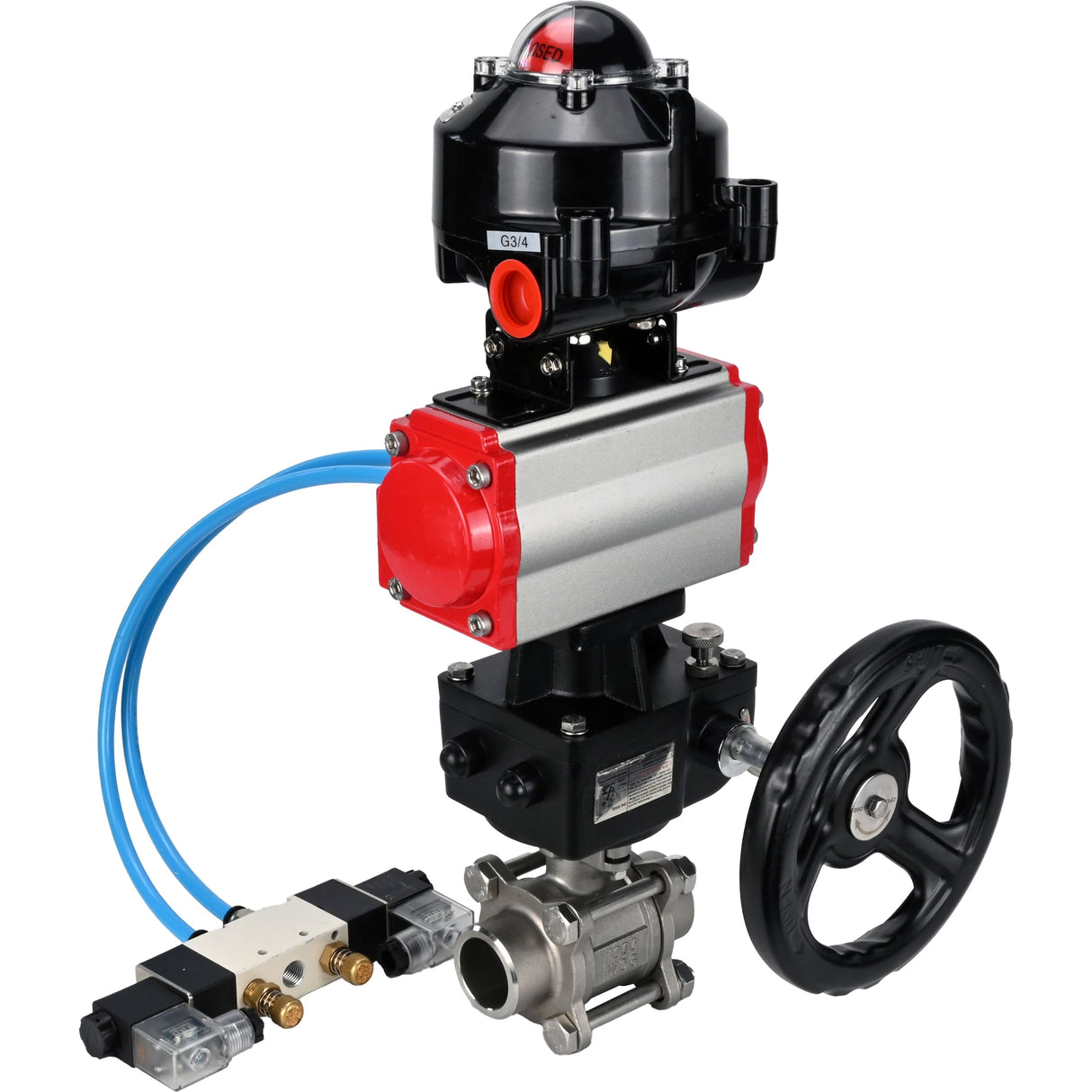 Ball valves Elephant BV3232P(3pc)-FP-W-ISO-H WDVF DN15-32 63 bar full bore, 316 stainless steel, seal - PTFE, for welding, with PA-DA pneumatic actuator, pneumatic distributor 4V320-08 220V, LSU APL-510N EX, manual backup for MON