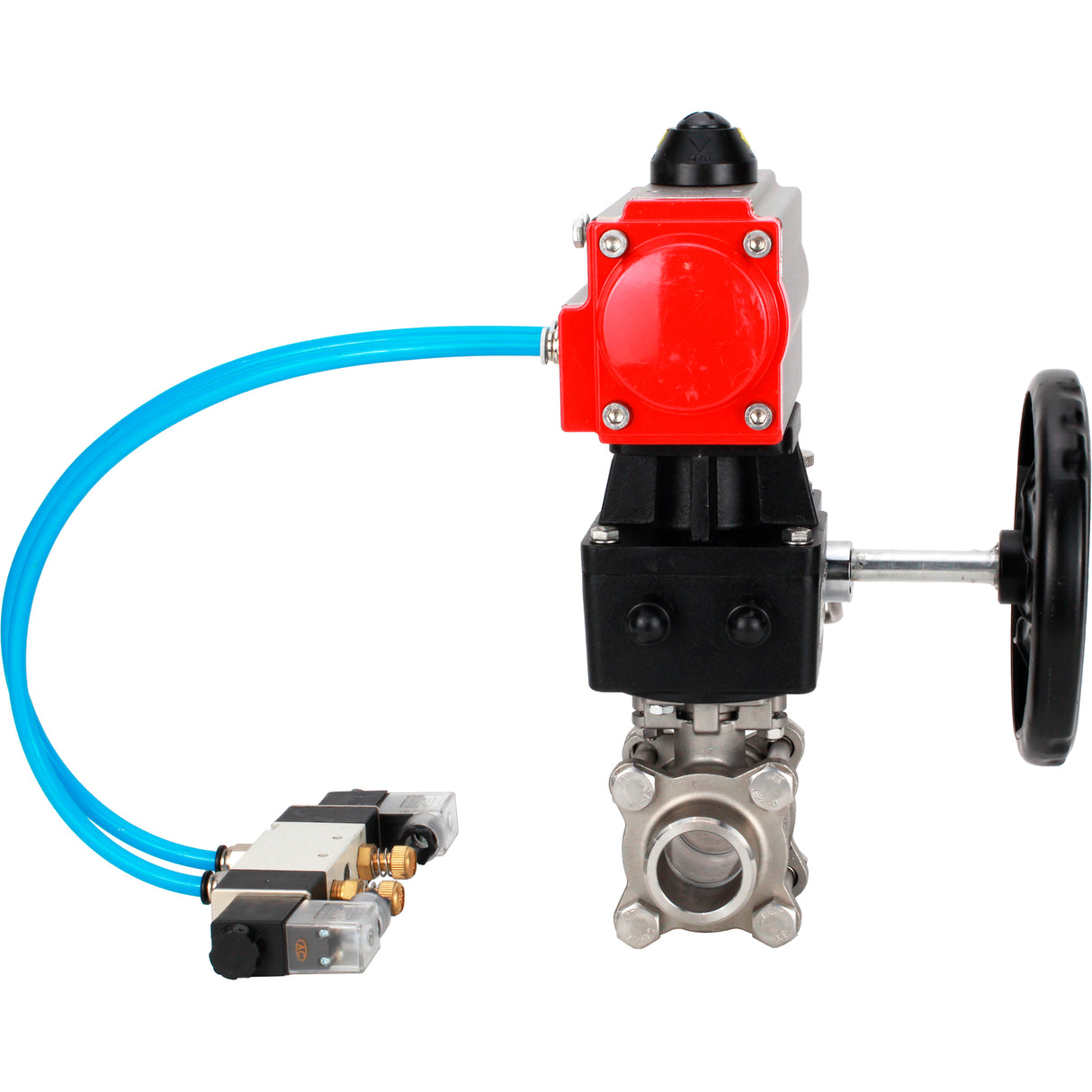 Ball valves Elephant BV3232P(3pc)-FP-W-ISO-H WDVF DN15-32 63 bar full bore, body - 316 stainless steel, seal - PTFE, for welding, with PA-DA pneumatic actuator, pneumatic distributor 4V320-08 220V, manual backup for MON