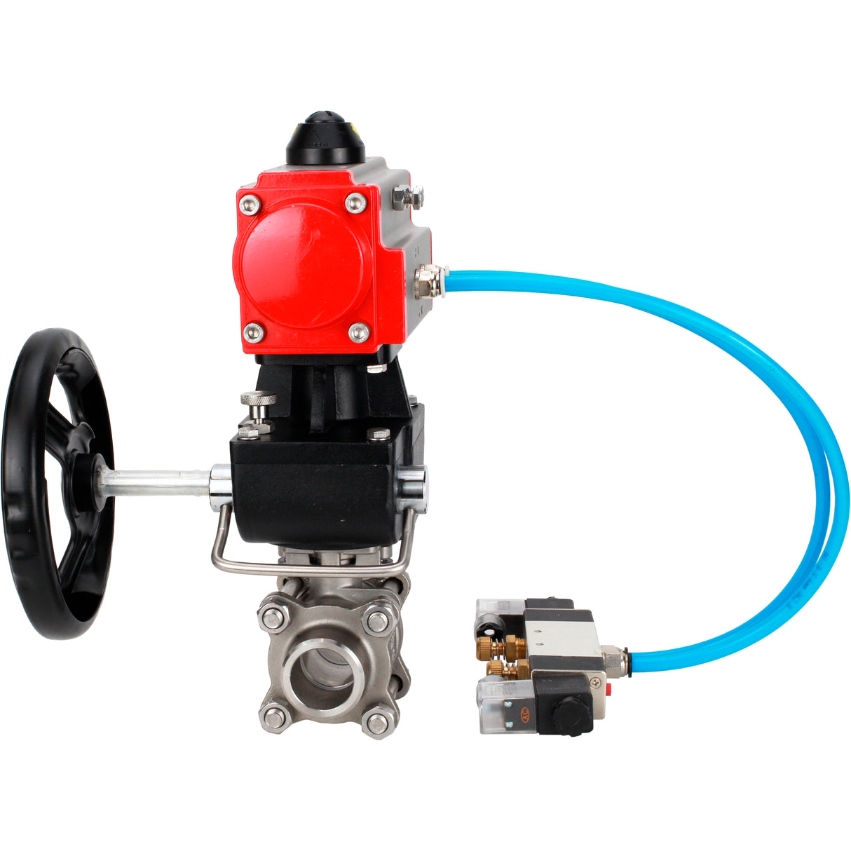 Ball valves Elephant BV3232P(3pc)-FP-W-ISO-H WDVF DN15-32 63 bar full bore, body - 316 stainless steel, seal - PTFE, for welding, with PA-DA pneumatic actuator, pneumatic distributor 4V320-08 220V, manual backup for MON