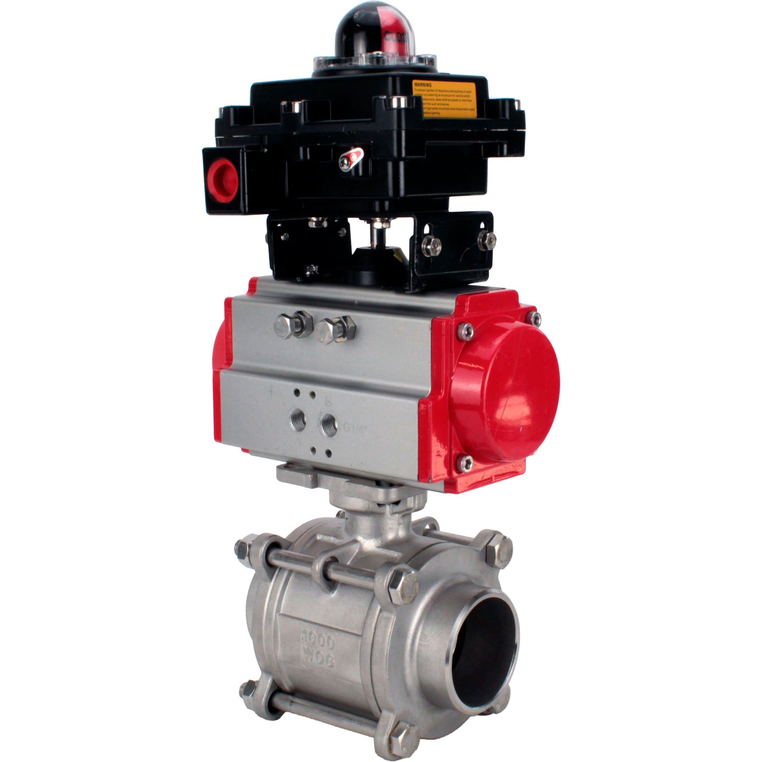 Ball valves Elephant BV3232P(3pc)-FP-W-ISO-H WDVF DN15-32 63 bar full bore, body - 316 stainless steel, seal - PTFE, for welding, with PA-SA pneumatic actuator, LSU APL-410N EX