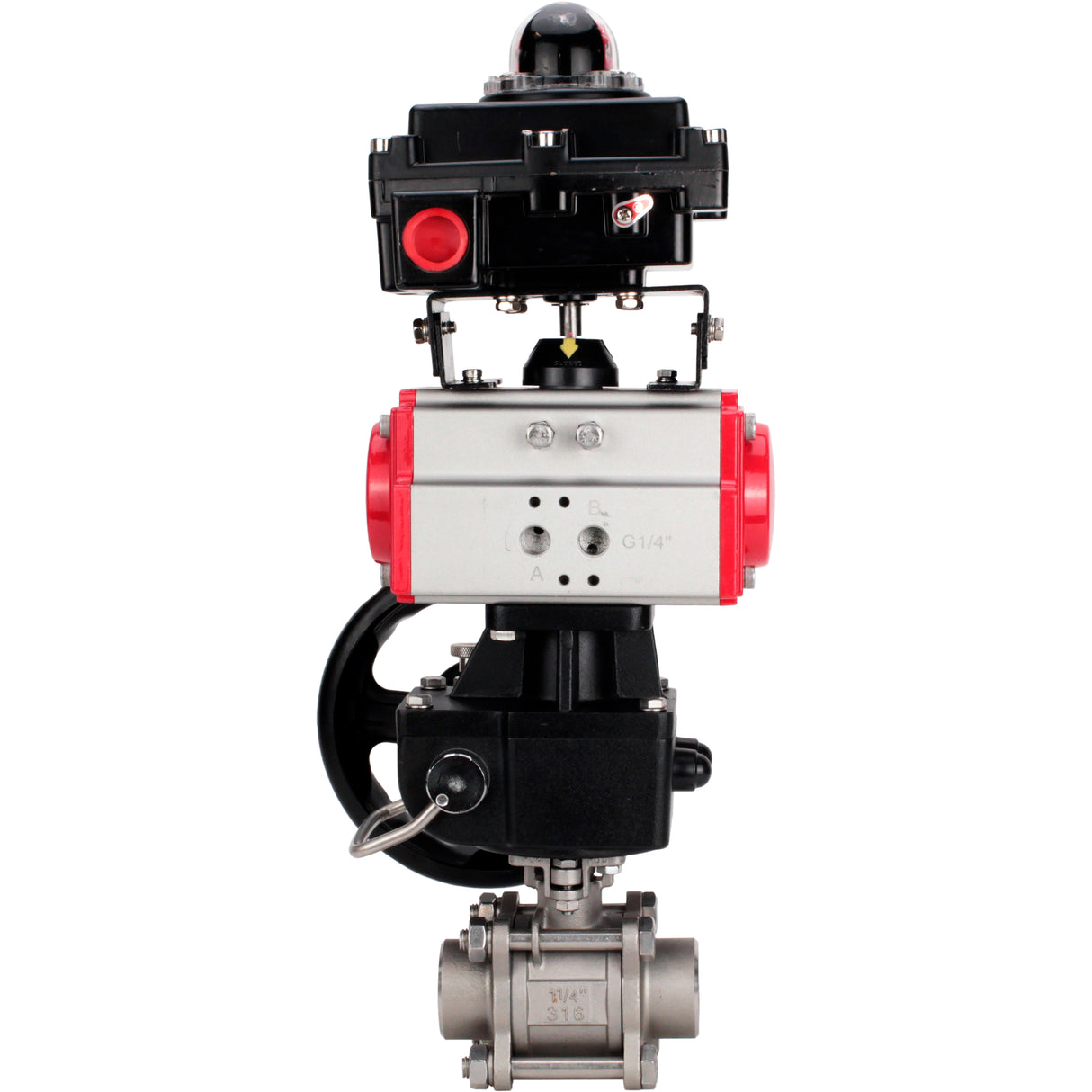 Ball valves Elephant BV3232P(3pc)-FP-W-ISO-H WDVF DN15-32 63 bar full bore, body - 316 stainless steel, seal - PTFE, for welding, with PA-DA pneumatic actuator, LSU APL-410N EX, manual backup for MON